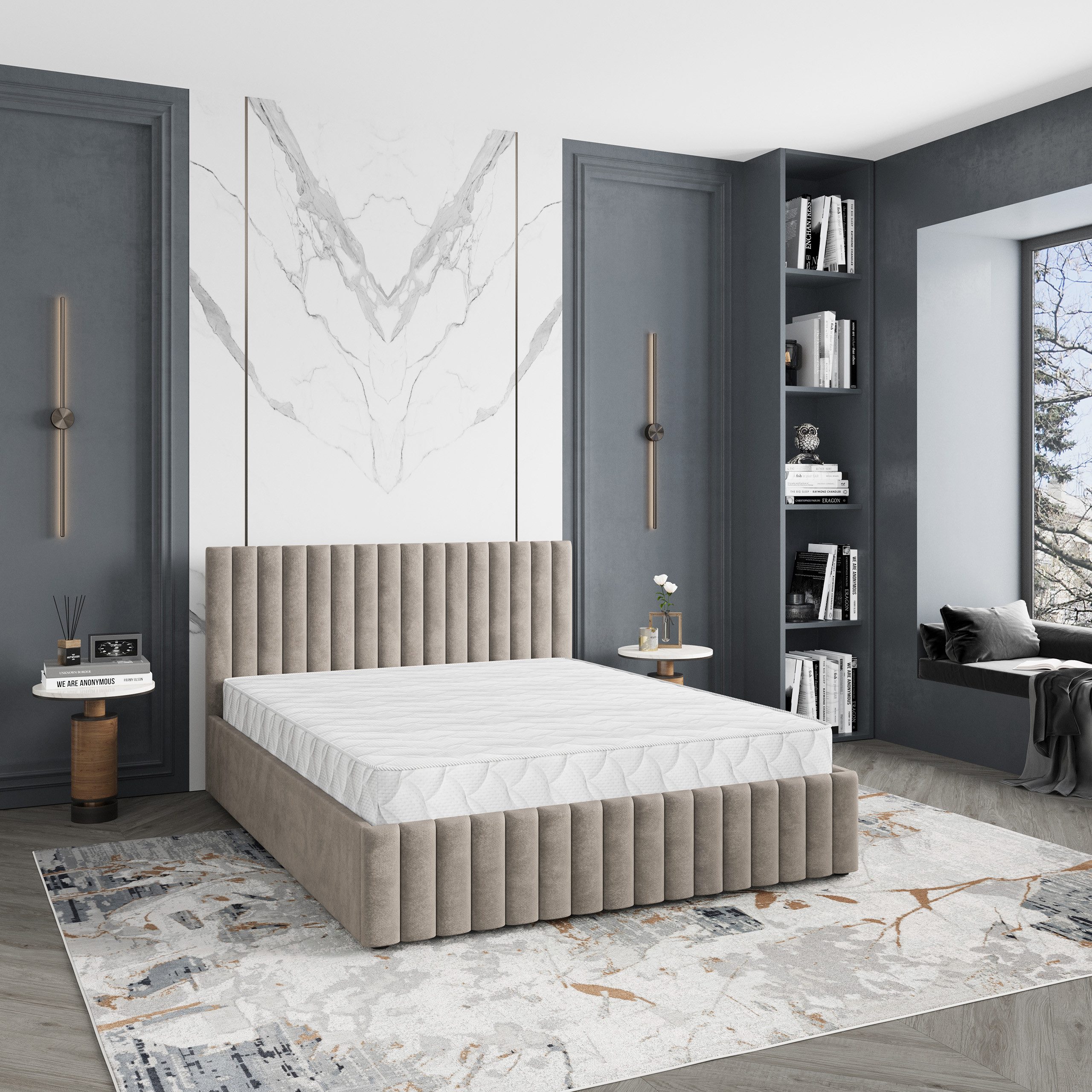 Masseno Polsterbett CARMIA 160x200 cm beige (mit Bettkasten und Lattenrost)