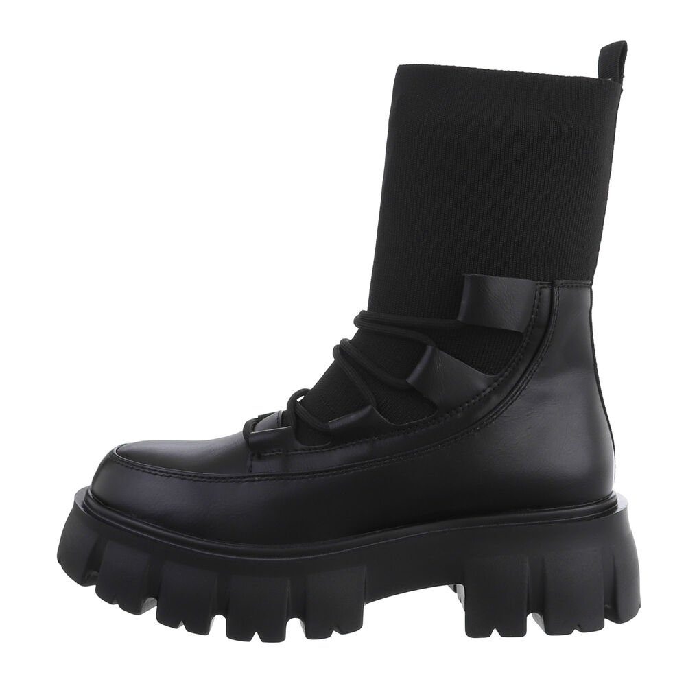 Ital-Design Damen Schlupfschuhe Freizeit Schnürstiefelette Blockabsatz Plateaustiefeletten in Schwarz