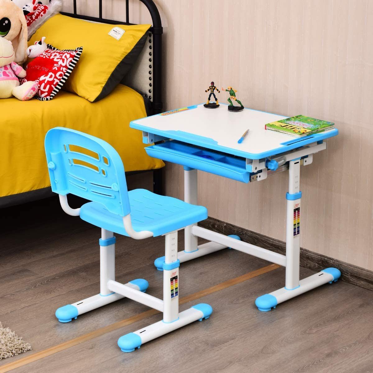 COSTWAY Kinderschreibtisch, mit Stuhl, höhenverstellbar, neigbar, blau günstig online kaufen