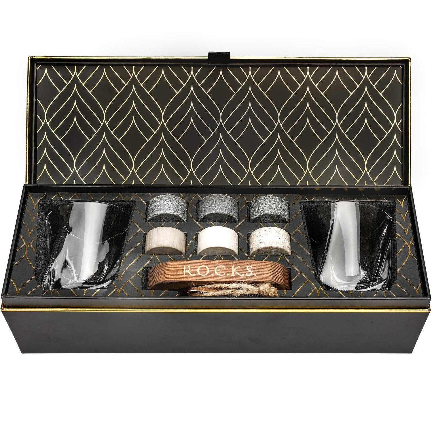 LuxusKollektion Whiskyglas Whiskey Steine Geschenkset Kristallgläser Hartholz