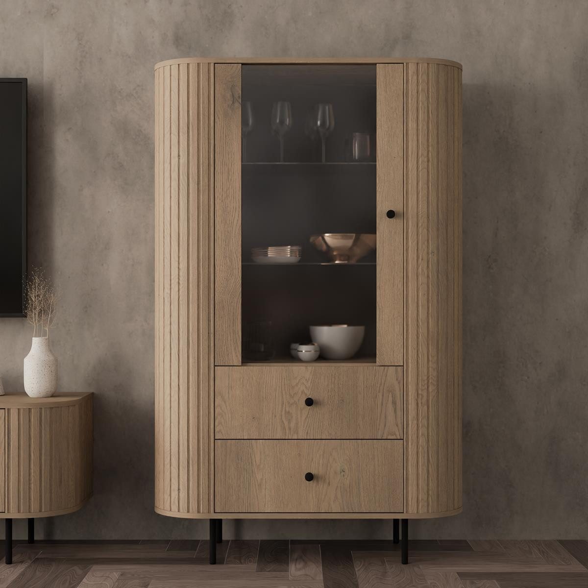 Compleo Standvitrine mit 2 Schubladen und Türen ZANTO Elegant design TOPSELLER Eiche cremona oder Beige