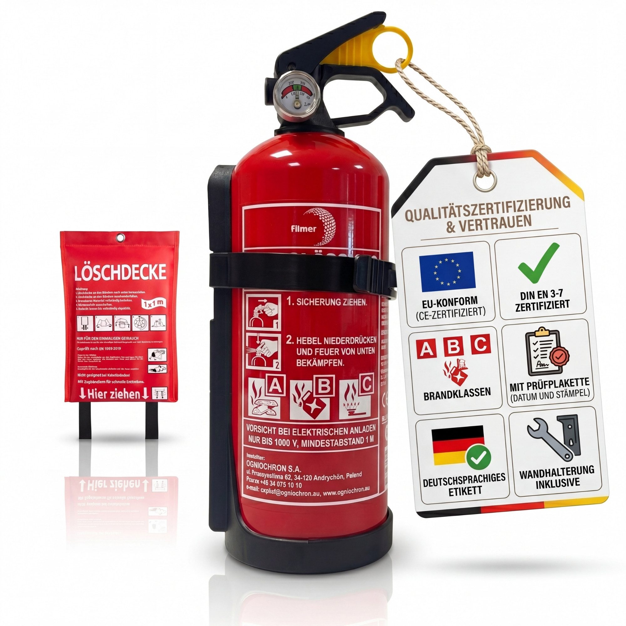 BigDean Pulver-Feuerlöscher mit Halterung Manometer Auto Boot Europa, Löschpulver, (1-St) 1 Feuerlöscher inkl. 1 Löschdecke