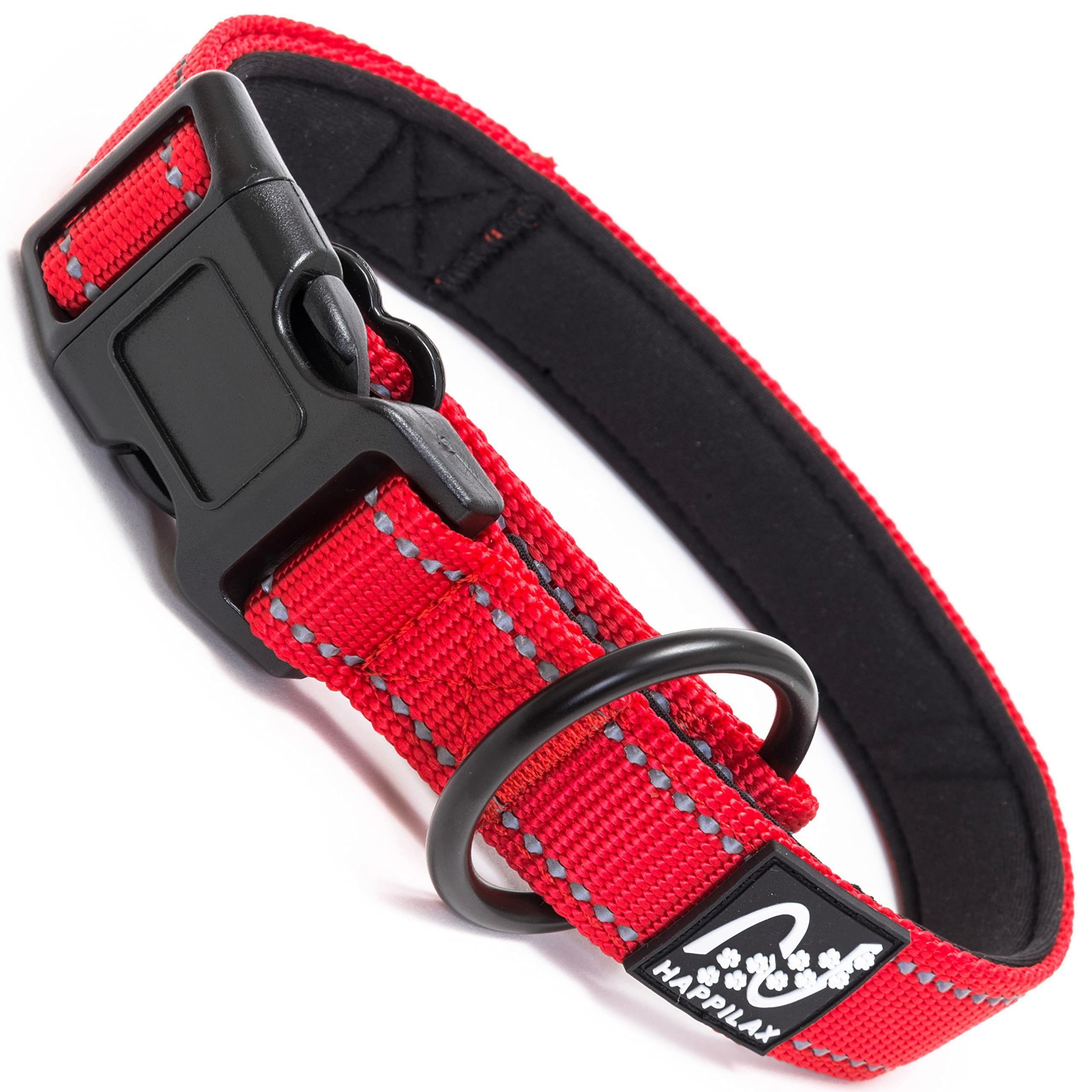 Happilax Hunde-Halsband Hundehalsband gepolstert, größenverstellbar & reflektierend, Rot M