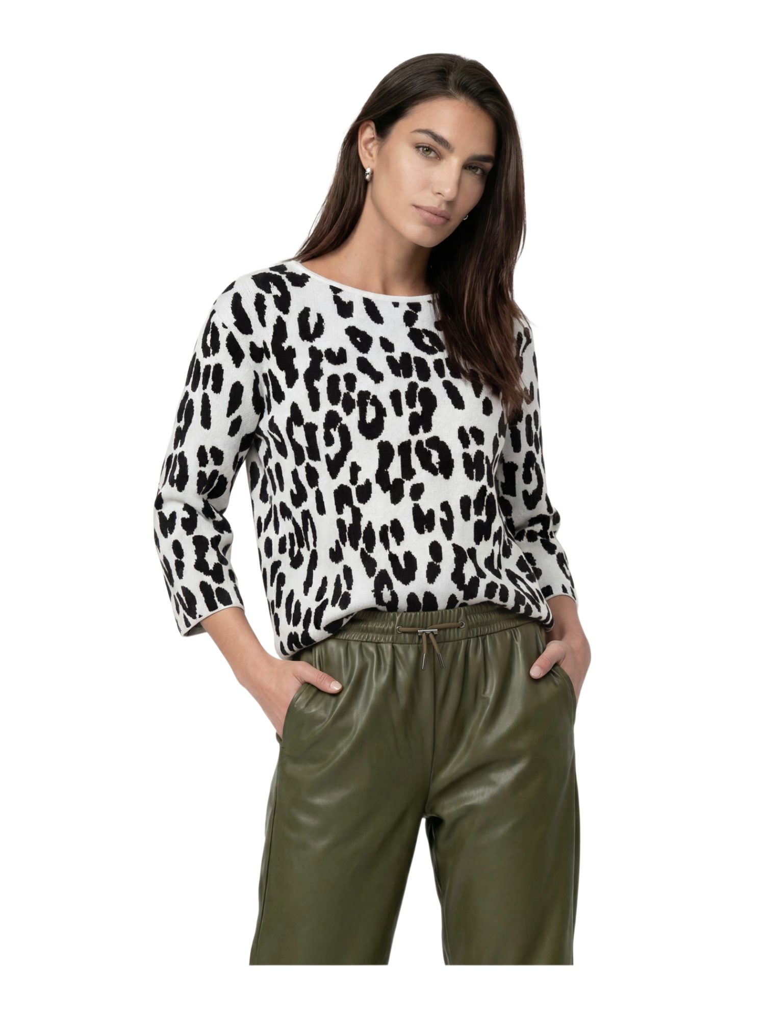 Monari Langarmshirt weiß,Casual,Baumwolle,Animalprint,Rundhals,3/4 Arm,Regular Fit