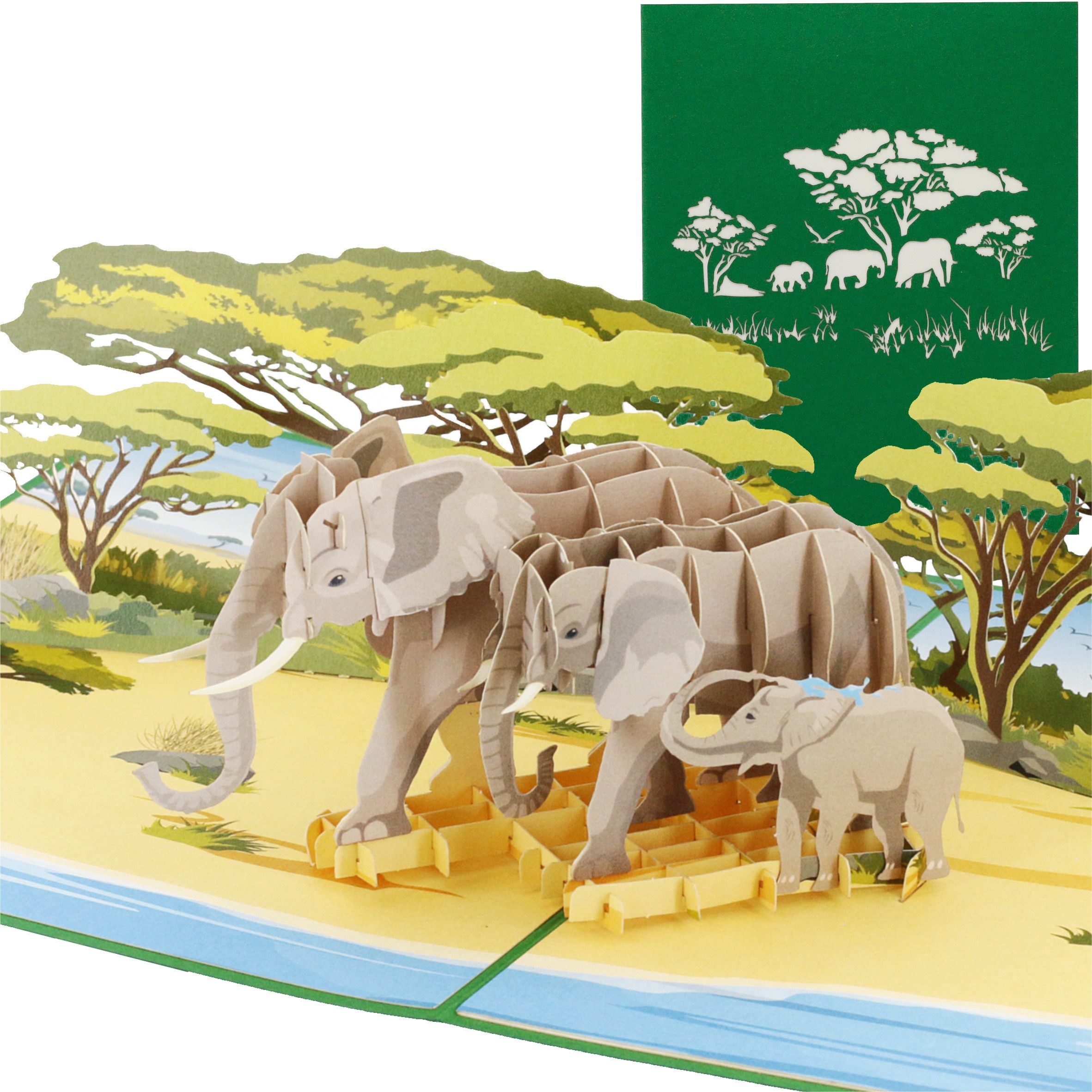 design3dkarten Glückwunschkarte Pop Up Karte Elefant Safari, mit herausnehmbarem Einleger, Umschlag und Schutzhülle