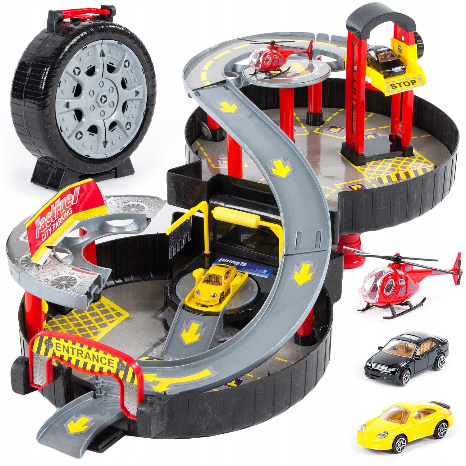 kinderplay Spiel-Parkgarage Parkgarage Spielset – Autos & Helikopter – Kinder 3+ – Klappbar (Set)