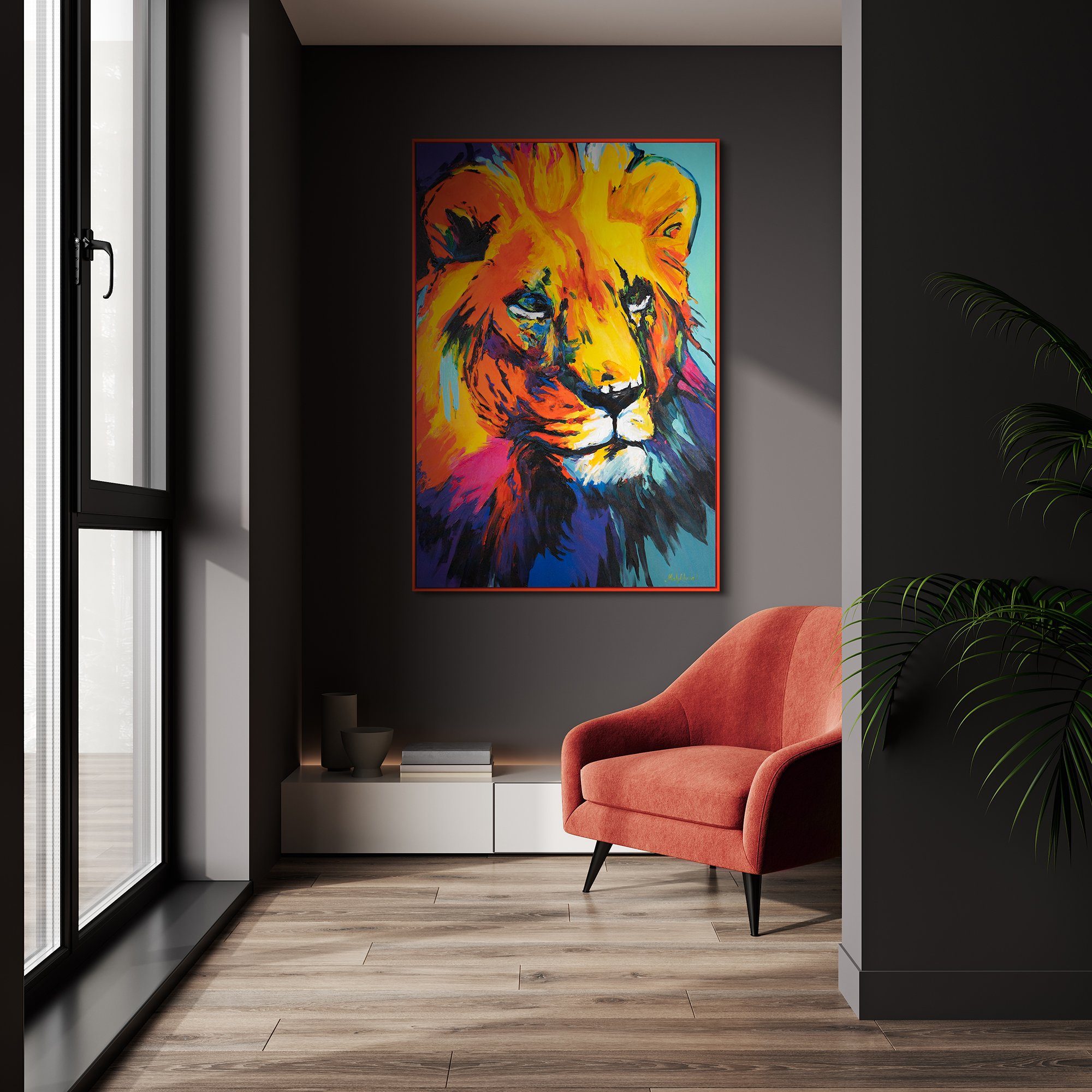 Abstraktion in Gemälde Mit Rahmen Rot YS-Art Löwengrazie,