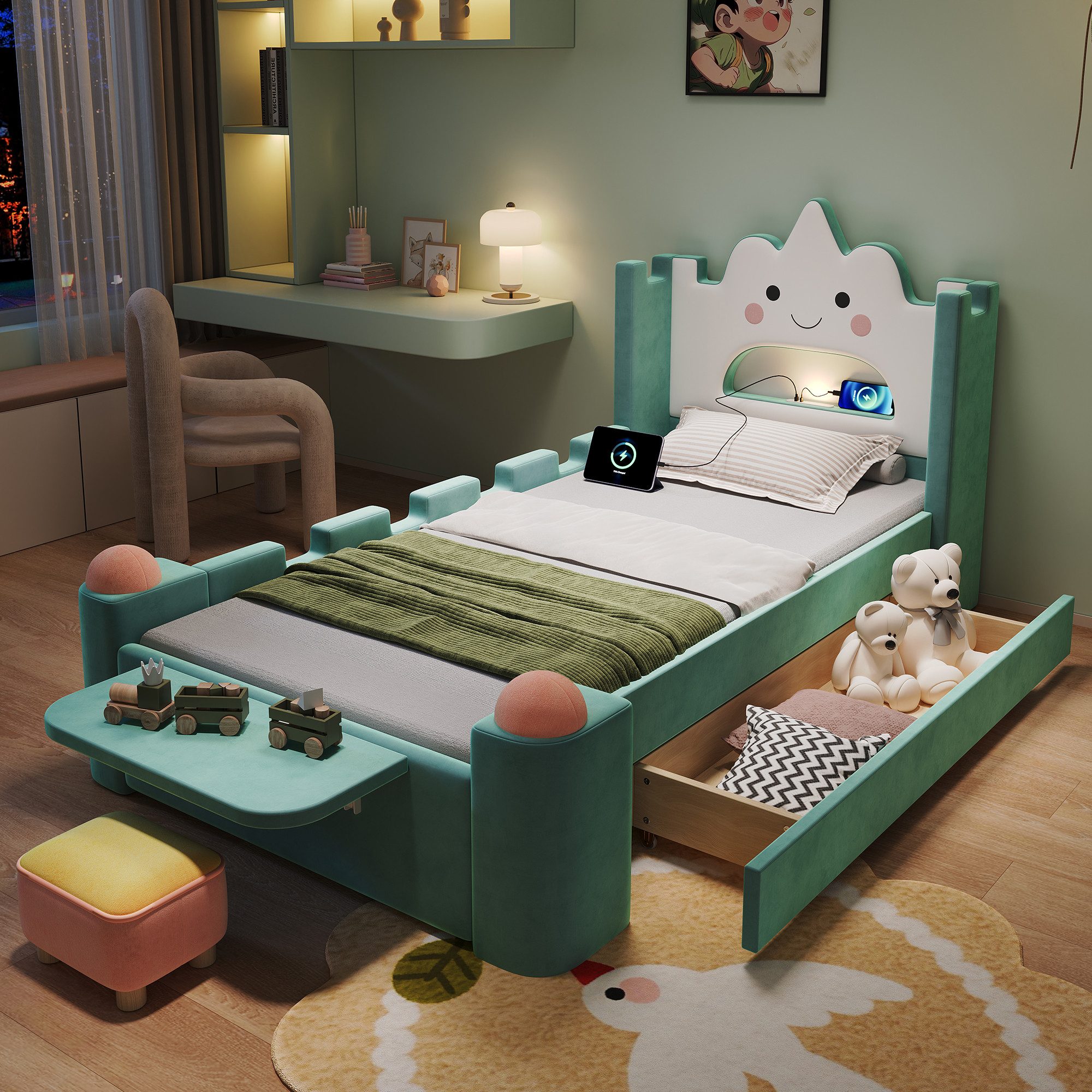 Odikalo Polsterbett Kinderbett mit klappbarer Seitenablage Schublade Ohne Matratze (Kinder Polsterbett, Einzelbett, Wolkenbett mit LED-Leselampe und USB-Anschluss, Stauraum-Schublade links/rechts montierbar, klappbare Ablage, Hocker, Fallschutz, Samtbezug, 90x200 cm)