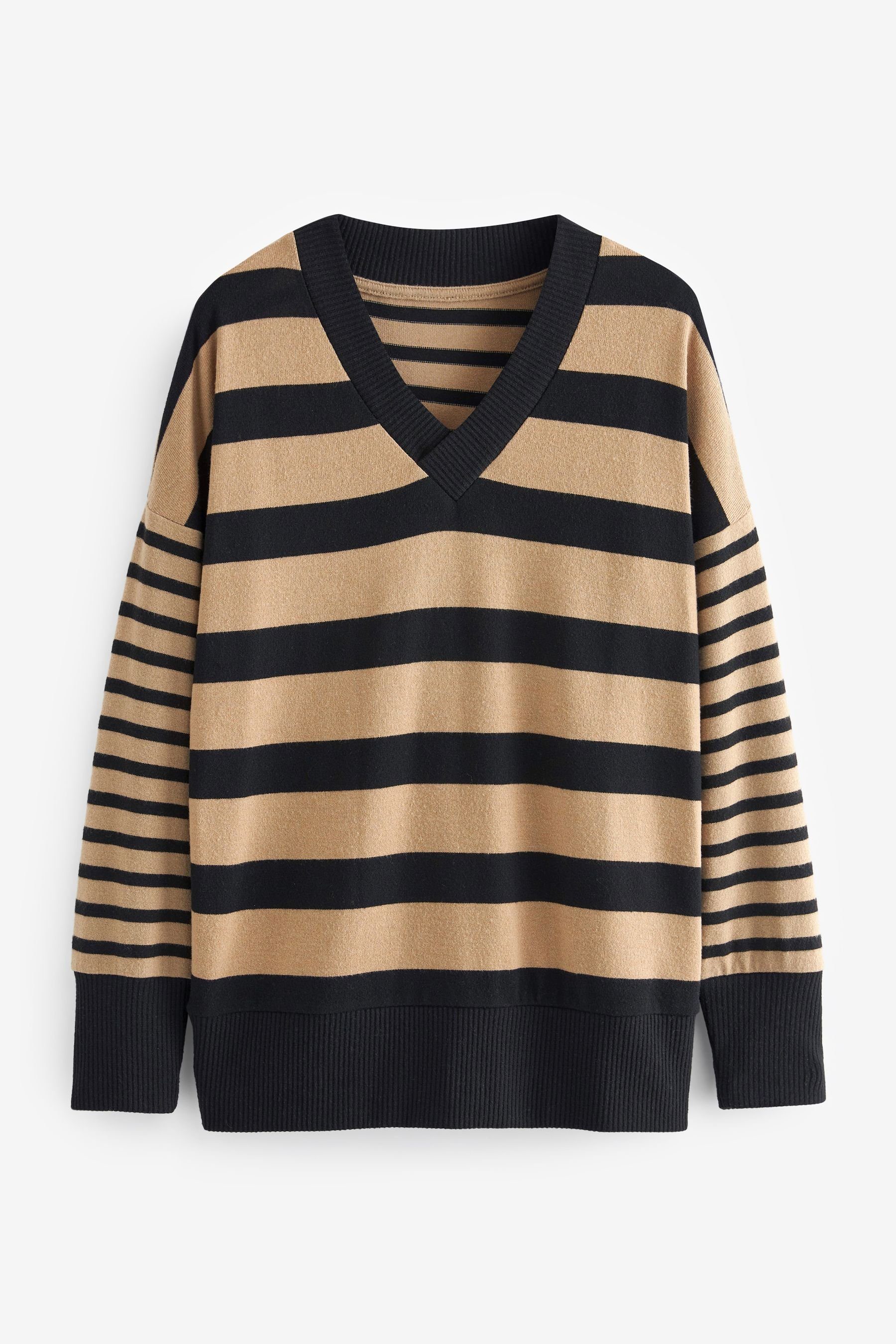 längerer mit V-Ausschnitt (1-tlg) V-Ausschnitt-Pullover Pullover Stripe Leichter, Next Neutral/Black