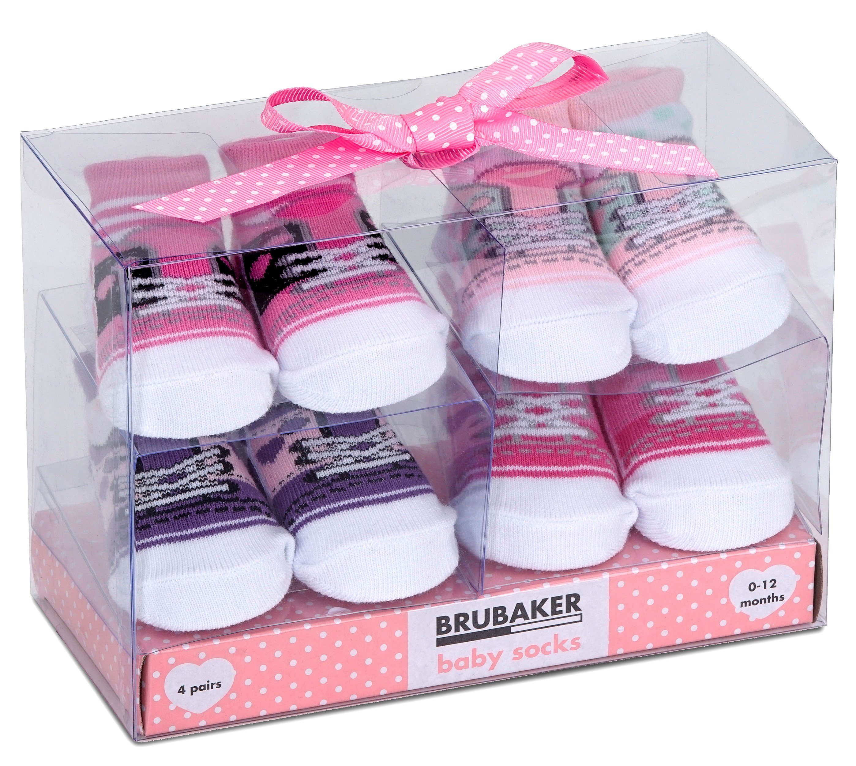 BRUBAKER Socken Babysocken für Mädchen 0-12 Monate (4-Paar, Baumwollsocken im Sneaker Style) Turnschuh Design Baby Neugeborene Geschenkset in Geschenkverpackung
