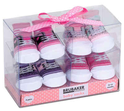 BRUBAKER Socken Babysocken für Mädchen 0-12 Monate (4-Paar, Baumwollsocken im Sneaker Style) Turnschuh Design, Baby Geschenkset für Neugeborene in Geschenkverpackung mit Schleife rosa, Schuh Muster Optik