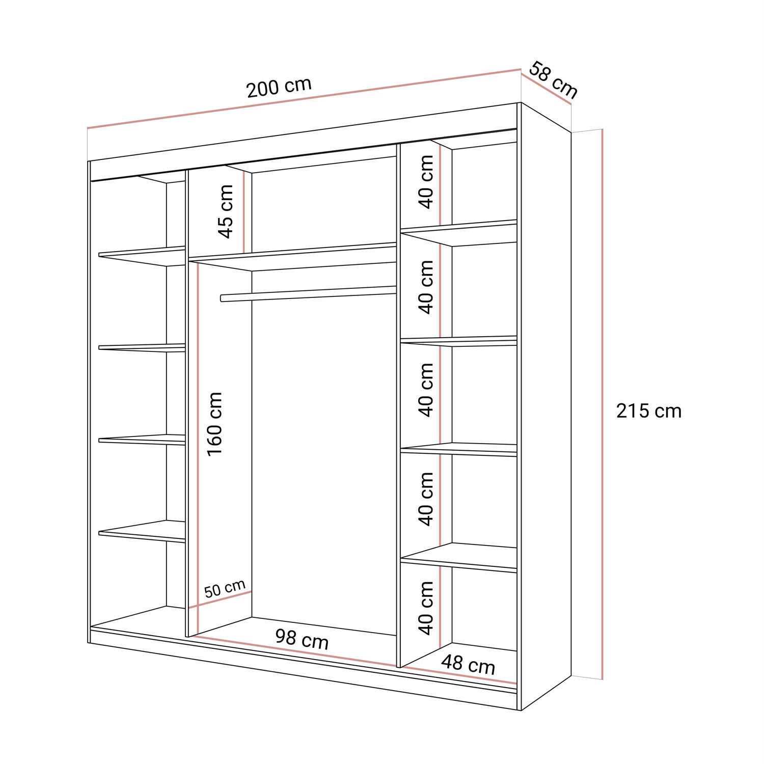 Lookway Kleiderschrank BASTER II KASCHMIR mit Spiegel 200x58x215 cm – Bild 5 von 5