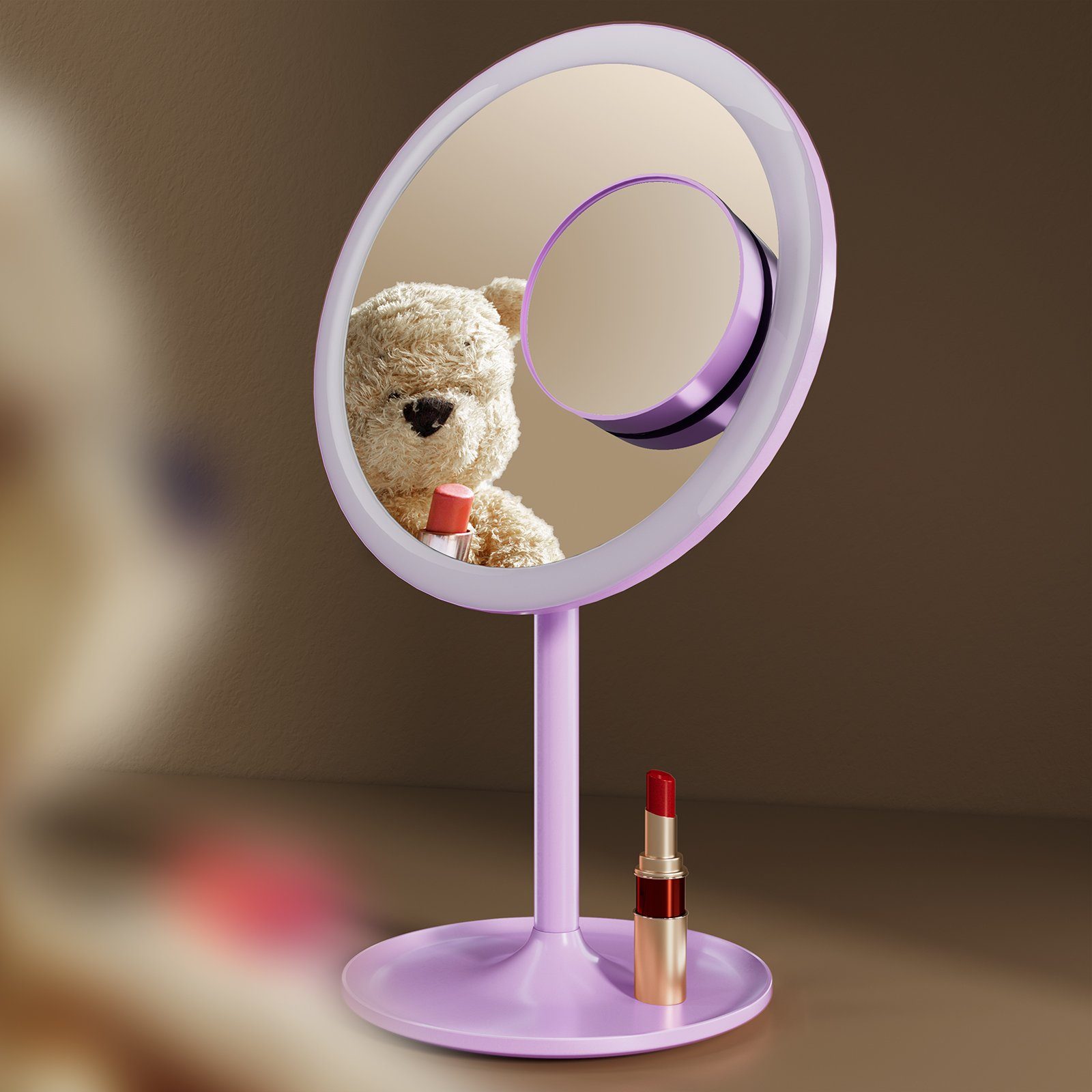 EMKE Kosmetikspiegel Macaron Tischspiegel mit Beleuchtung 3 Lichtfarben Dimmbar, 1X / 3X,90°Drehbar,USB Aufladbarer LED Schminkspiegel für Schminken Violett