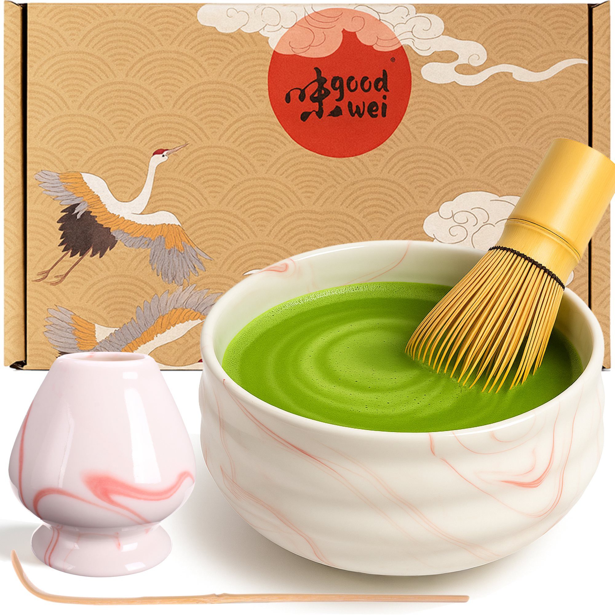 Goodwei Teeschale Matcha-Set "Pink Marmor" 80 mit Teeschale, Matchabesen und Besenhalter, 4-tlg., Keramik