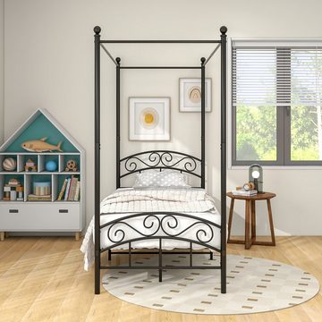 WISHDOR Metallbett Einzelbett Jugendzimmer mit Lattenrost (Schwarz 90x190cm), mit Himmel Metallbett Klassisch Design, für Schlafzimmer