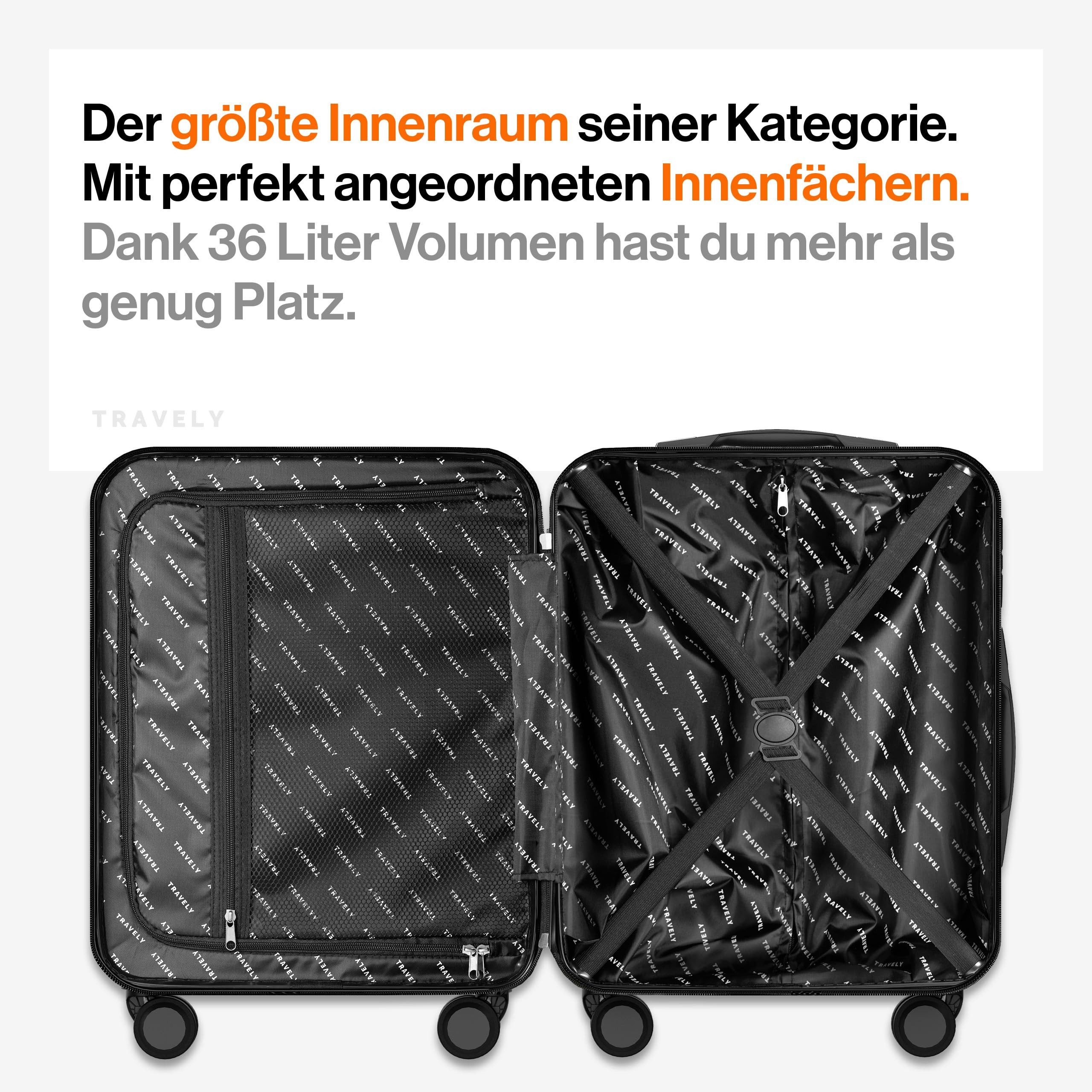Travely Koffer Polycarbonat Handgepäck Koffer 55x40x20cm - für Ryanair Lufthansa etc, 4 Rollen, Designed in Germany, austauschbare Griffe und Rollen
