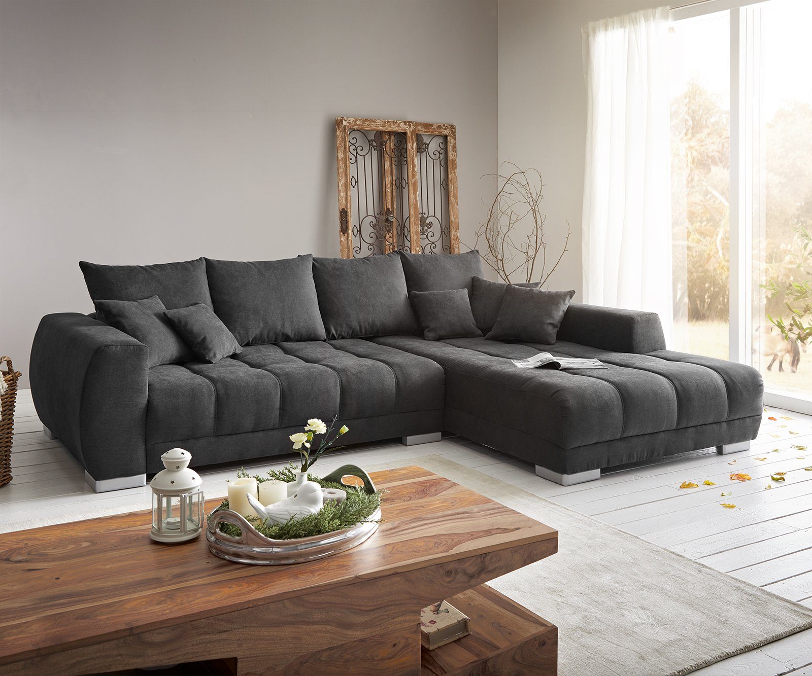 DELIFE Ecksofa Josea, Mikrofaser Schwarz 300x220 cm Recamiere rechts Ecksof günstig online kaufen