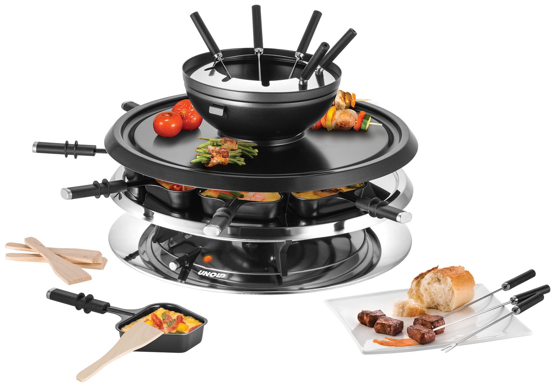Unold Raclette Multi 4 in 1 inklusive Raclette Buch, 8 Raclettepfännchen, mit Fonduetopf abnehmbare Grillplatte antihaftbeschichtet