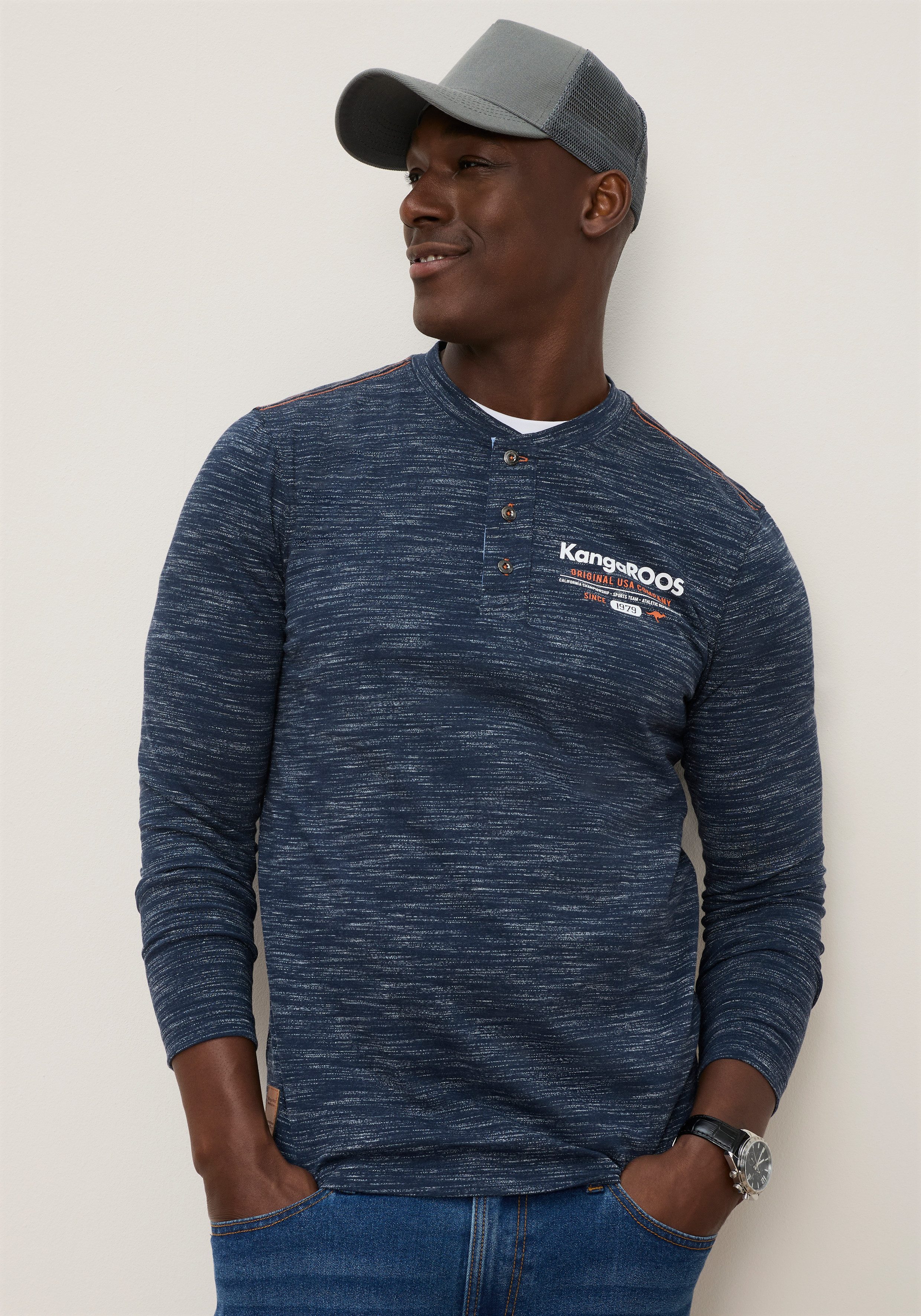 KangaROOS Langarmshirt mit Rundhals und Knopfleiste, Langarm, schmale Passform