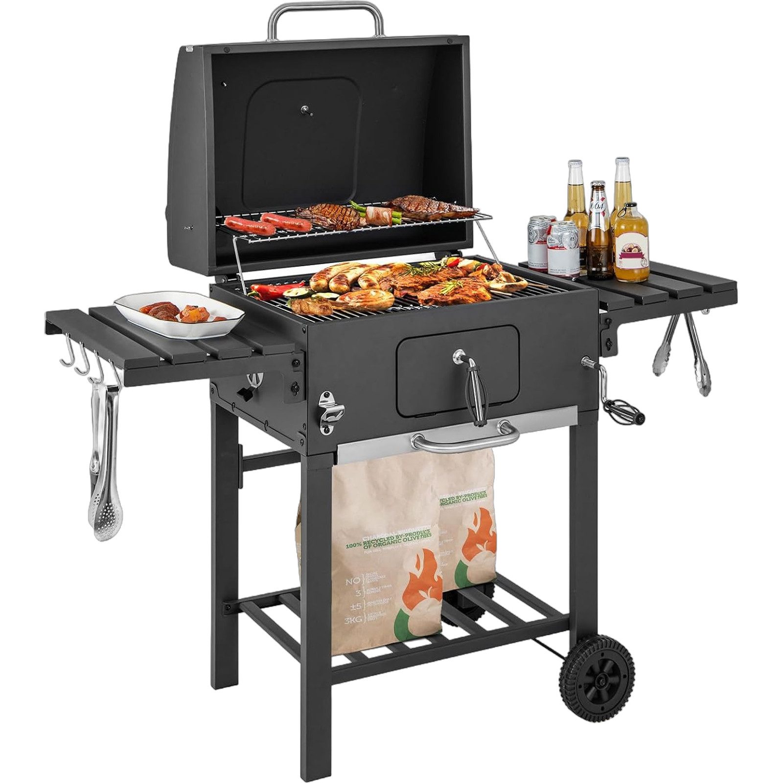 COSTWAY Holzkohlegrill XXL mit Deckel, Grillwagen mit Beistelltisch, Rädern