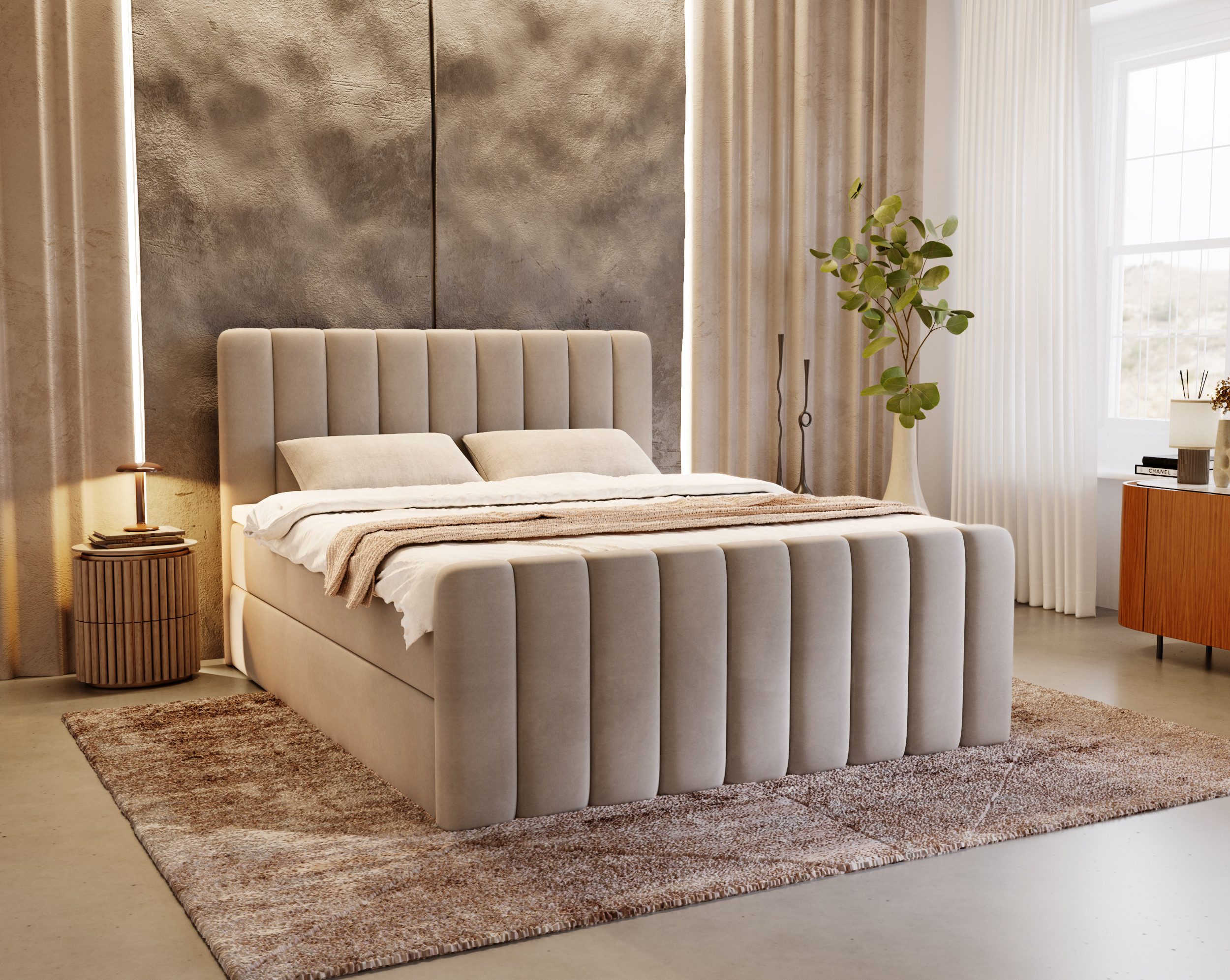 Compleo Boxspringbett elegant und modern, Doppelbett (140/160/180x200), Creme, beige oder Grau