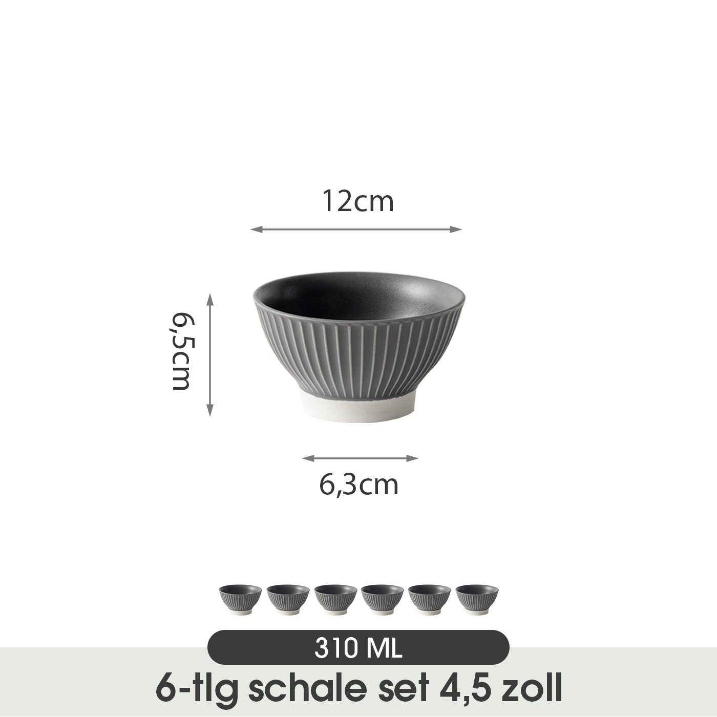 JIWOO Schale 6er Ø12cm, Müslischale Eisschale FrühstückSchale Dessertschale, Keramik, (Schaleset, 6-tlg), Ø12 cm Hochwertiges Matt Schalen Grau Mikrowellenofen Spülmaschine