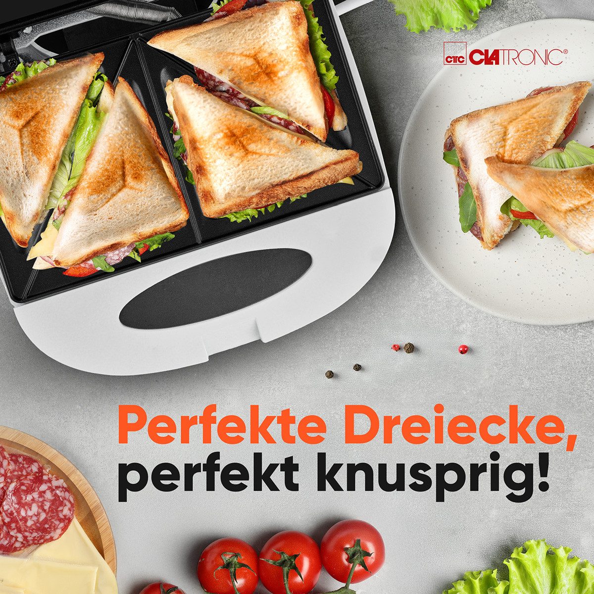 CLATRONIC Sandwichmaker ST 3813, Sandwichtoaster mit Backampel & isolierter Griff