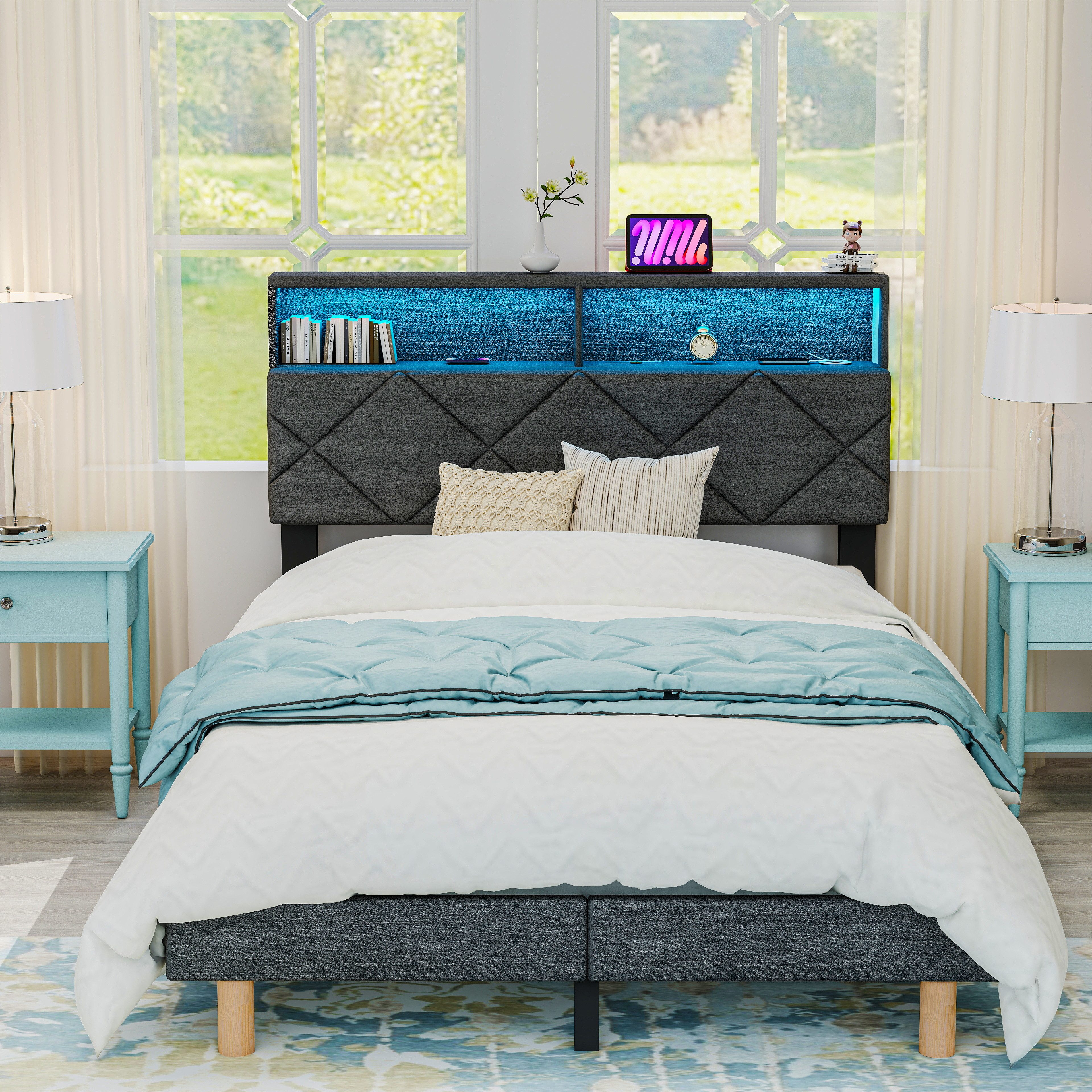 oyajia Polsterbett Stauraumbett Doppelbett LED, Leinenstoff, geräuscharm, m günstig online kaufen