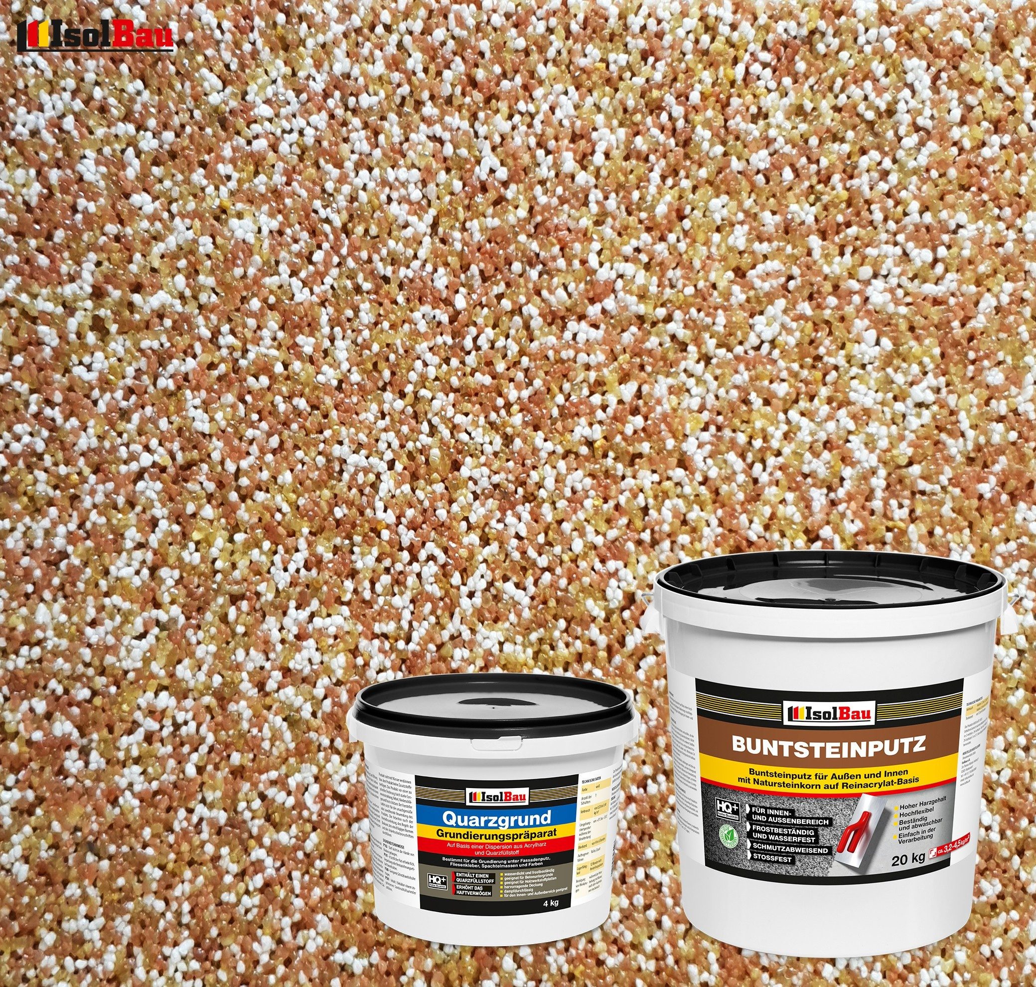 Thumbnail - None Gipsputz Set Mosaikputz 20 kg Buntsteinputz BP40 Fertigputz + Quarzgrund 4 kg Körnung 1,8 mm, Trocknung 12–48h, Ver...