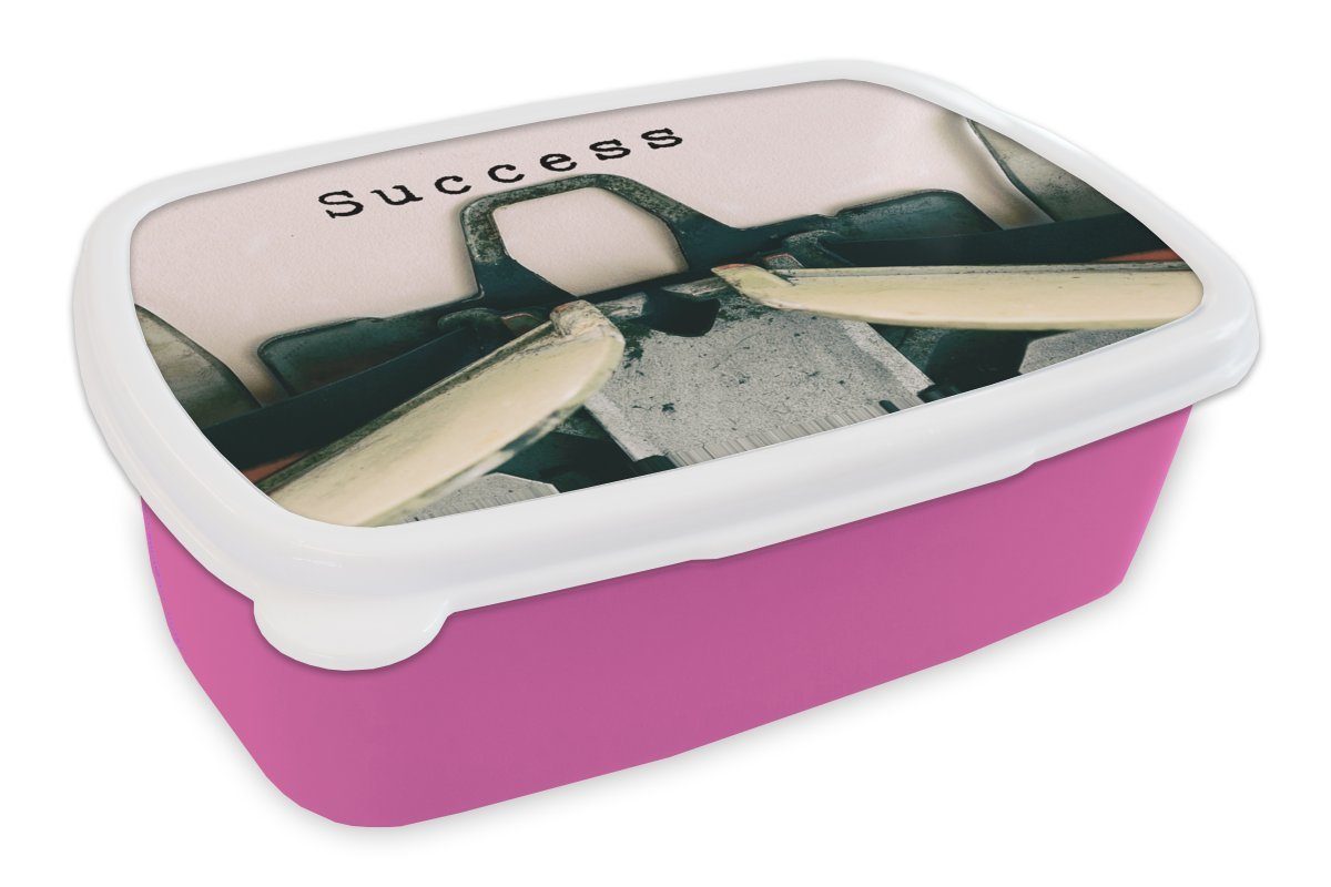 wünscht Brotbox Lunchbox Schreibmaschine für rosa Snackbox, (2-tlg), Erwachsene, Brotdose Mädchen, Kinder, Erfolg, MuchoWow Kunststoff Kunststoff,