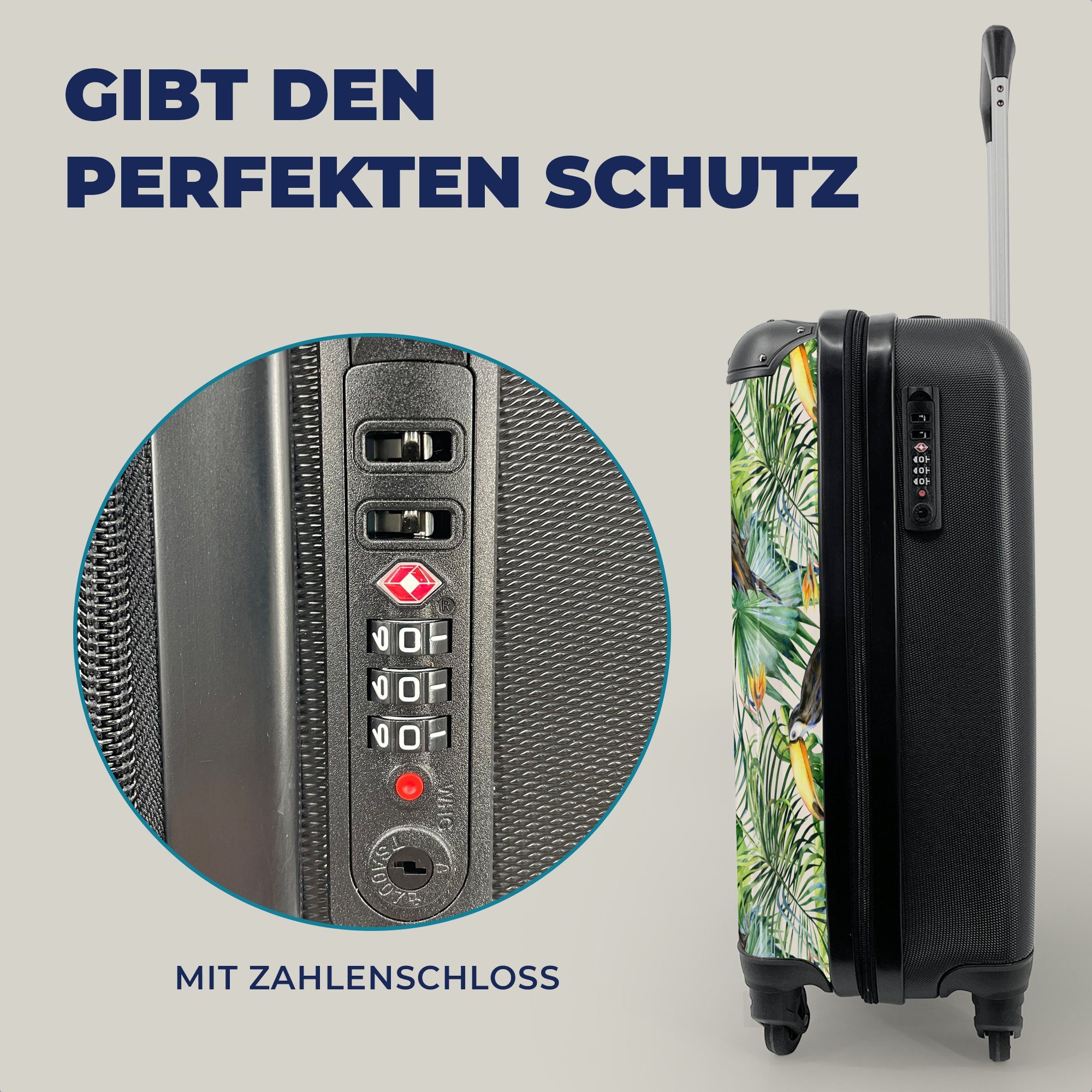 mit für Tukan Tropisch, Paradiesvogelpflanze Trolley, Rollen, - Handgepäck Handgepäckkoffer 4 Reisekoffer Ferien, Reisetasche - rollen, MuchoWow