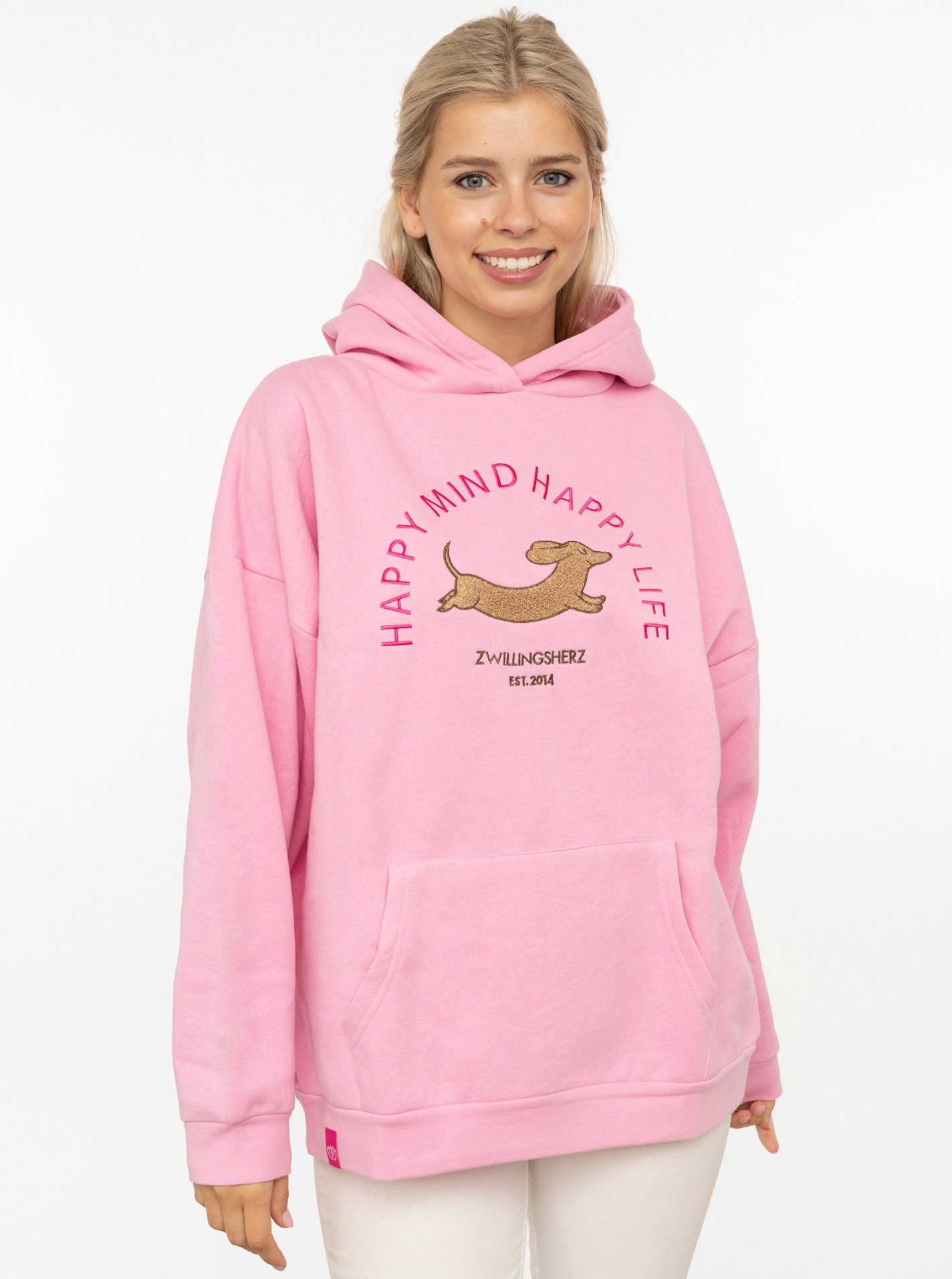 Zwillingsherz Hoodie "DOG LOVE" Dackelmotiv, Oversized Fit, Kängurutasche, Kapuze