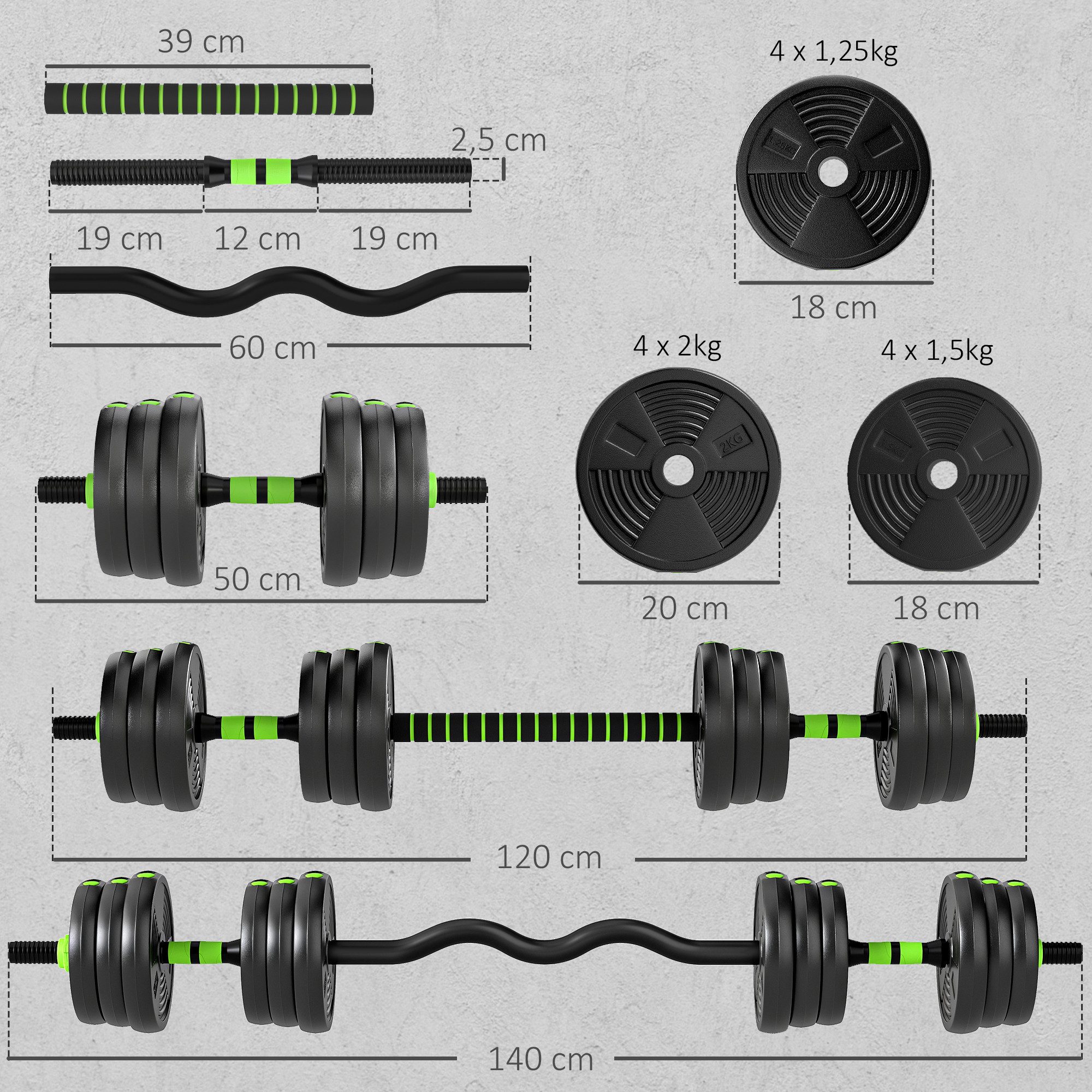 SPORTNOW Hantel-Set Kurzhanteln Langhanteln 3-in-1 verstellbar 20 KG, (Hantelset, Kurzhantel Set), für Krafttraining Zuhause Fitnessstudio
