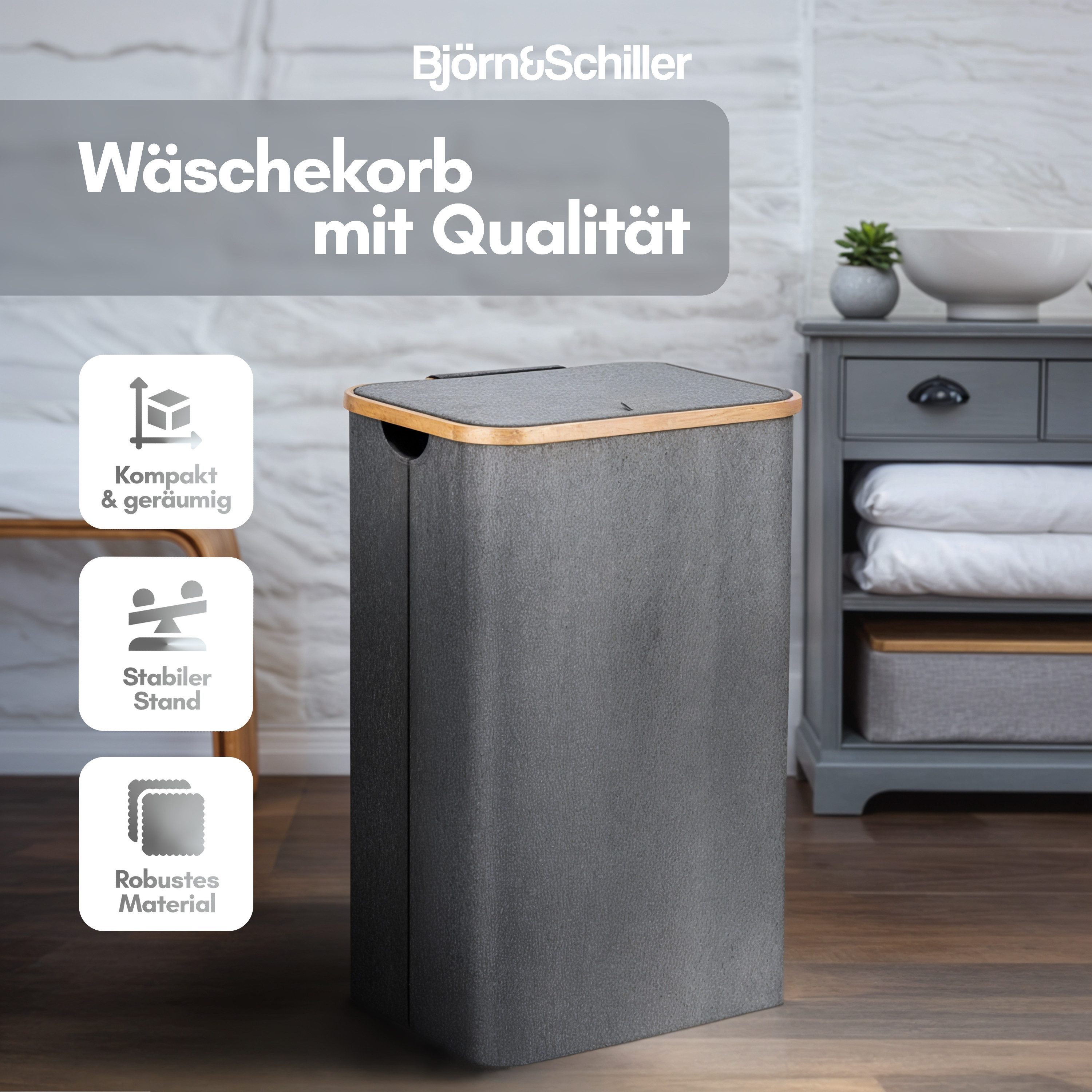 Björn&Schiller Wäschekorb Wäschesammler 2 Fächer grau Wäschesack mit Deckel günstig online kaufen