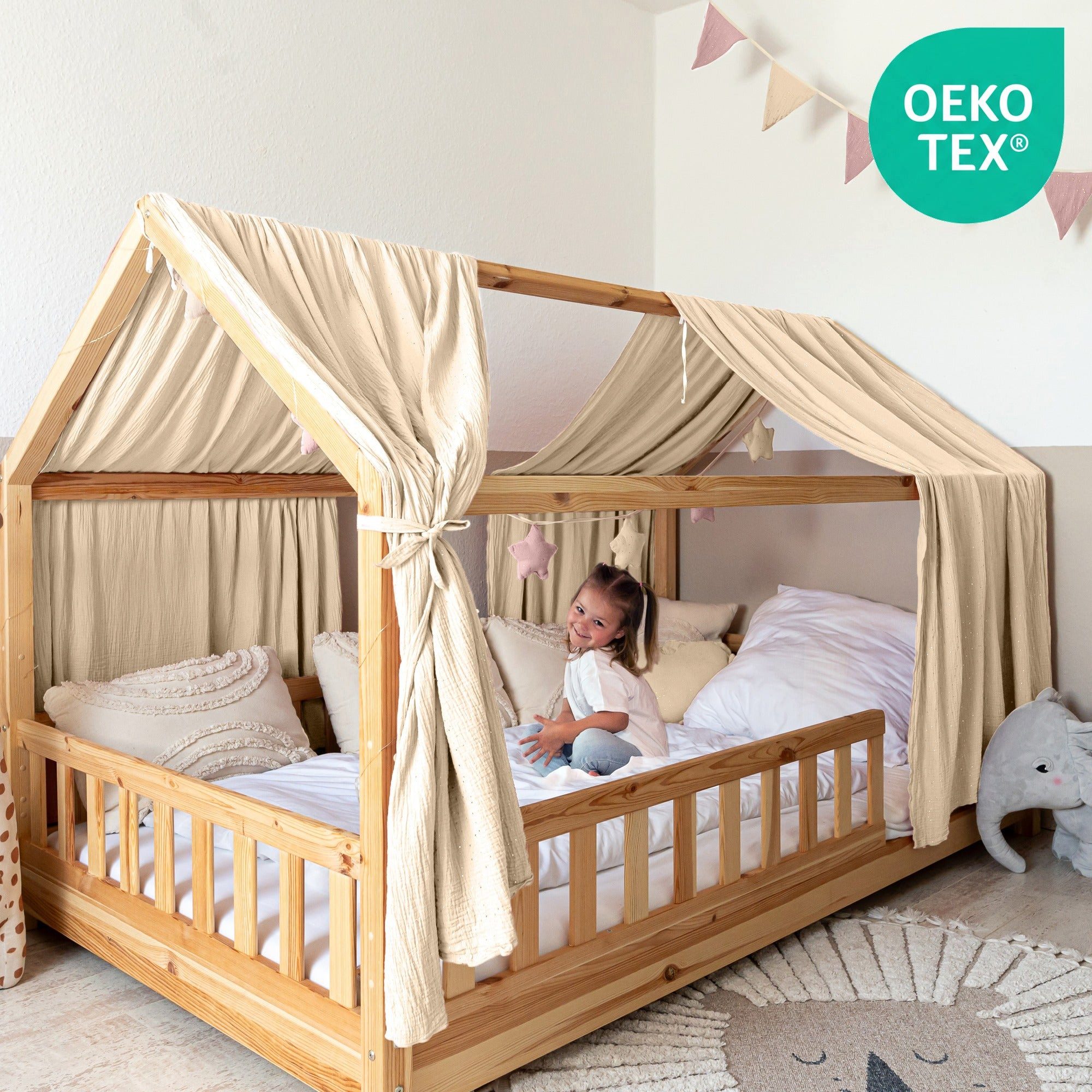 lilimaus Betthimmel für Hausbett aus 100% Musselin - 2er-Set fürs Kinderbett (1-tlg), Set mit 2 abgestimmten Stoffbahnen - weich & schnell montiert