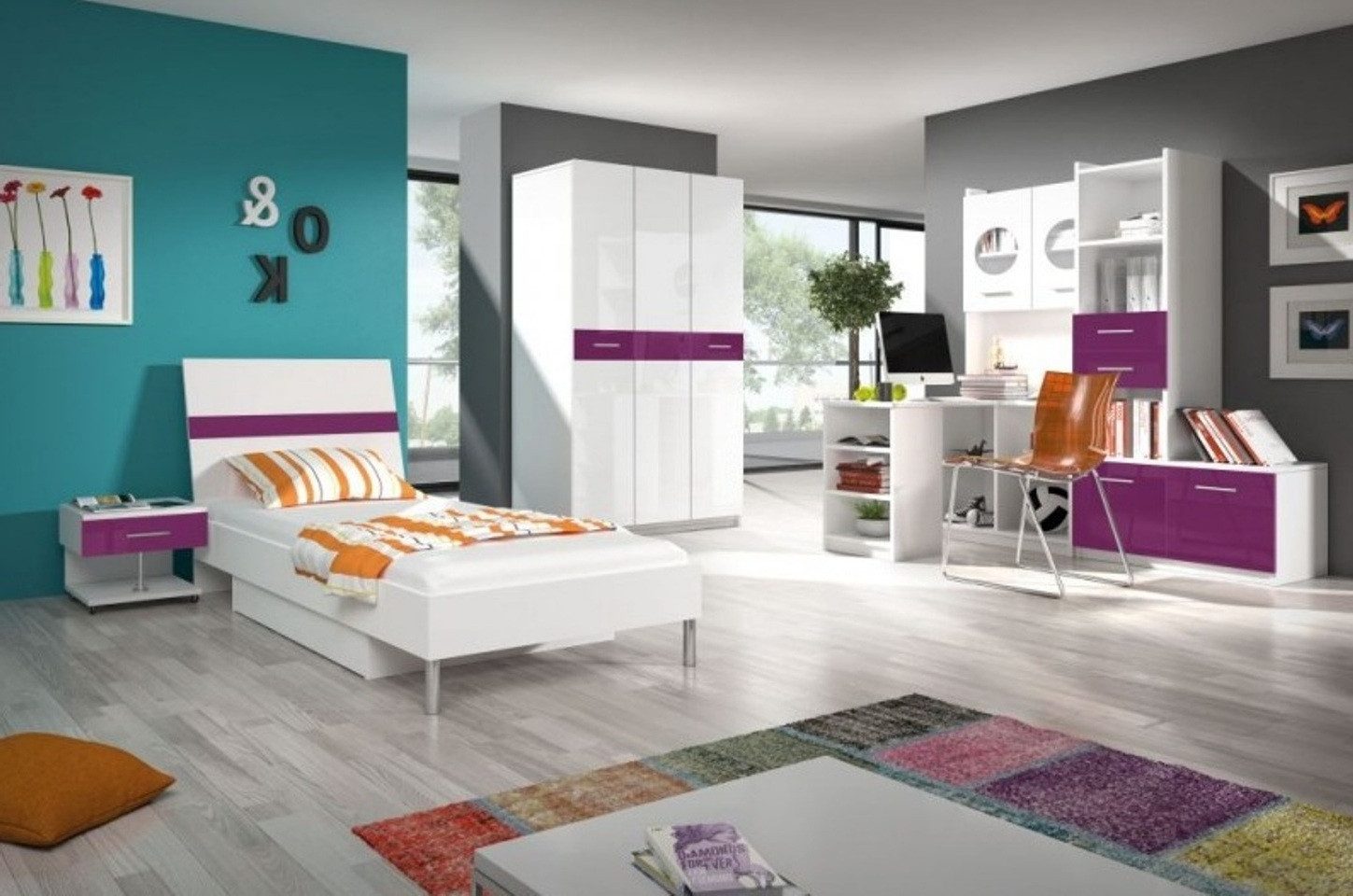 Xlmoebel Jugendzimmer-Set Modernes Jugendzimmer in Lila mit Schrank und Tisch, (5-tlg., Schlafzimmer-Set), Hergestellt in Europa