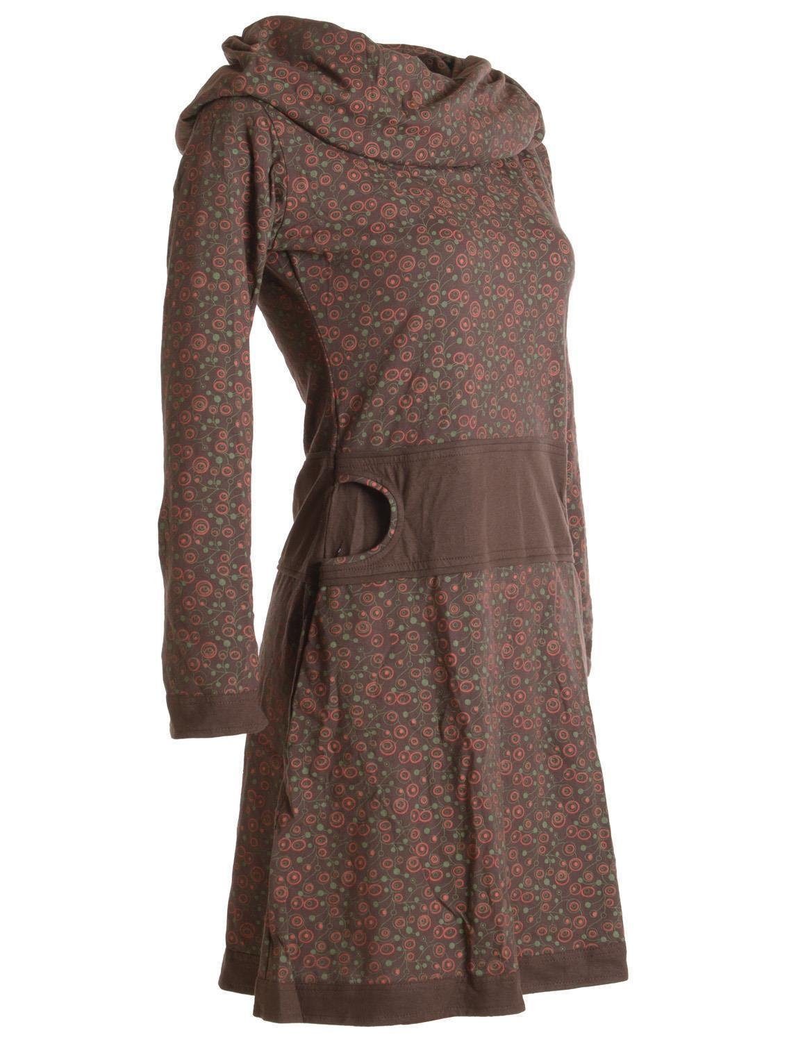 Bedrucktes Ethno, Jerseykleid Hippie mit Schalkragen Goa, Kleid Style Baumwolle dunkelbraun Boho, aus Vishes