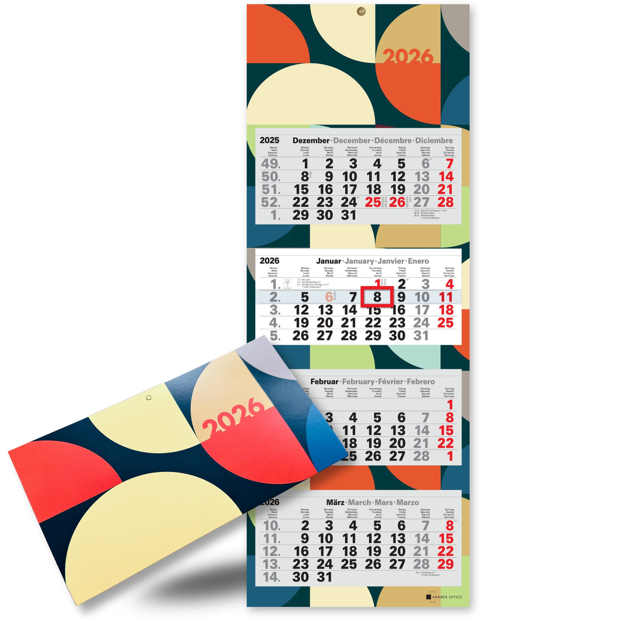 Kamber Office Wandkalender 4-Monatskalender 2027 mit Schieber Büro Kalender Bunt, Retro Design, Viermonatskalender 2027 groß mit Datumsschieber Jahreskalender faltbar