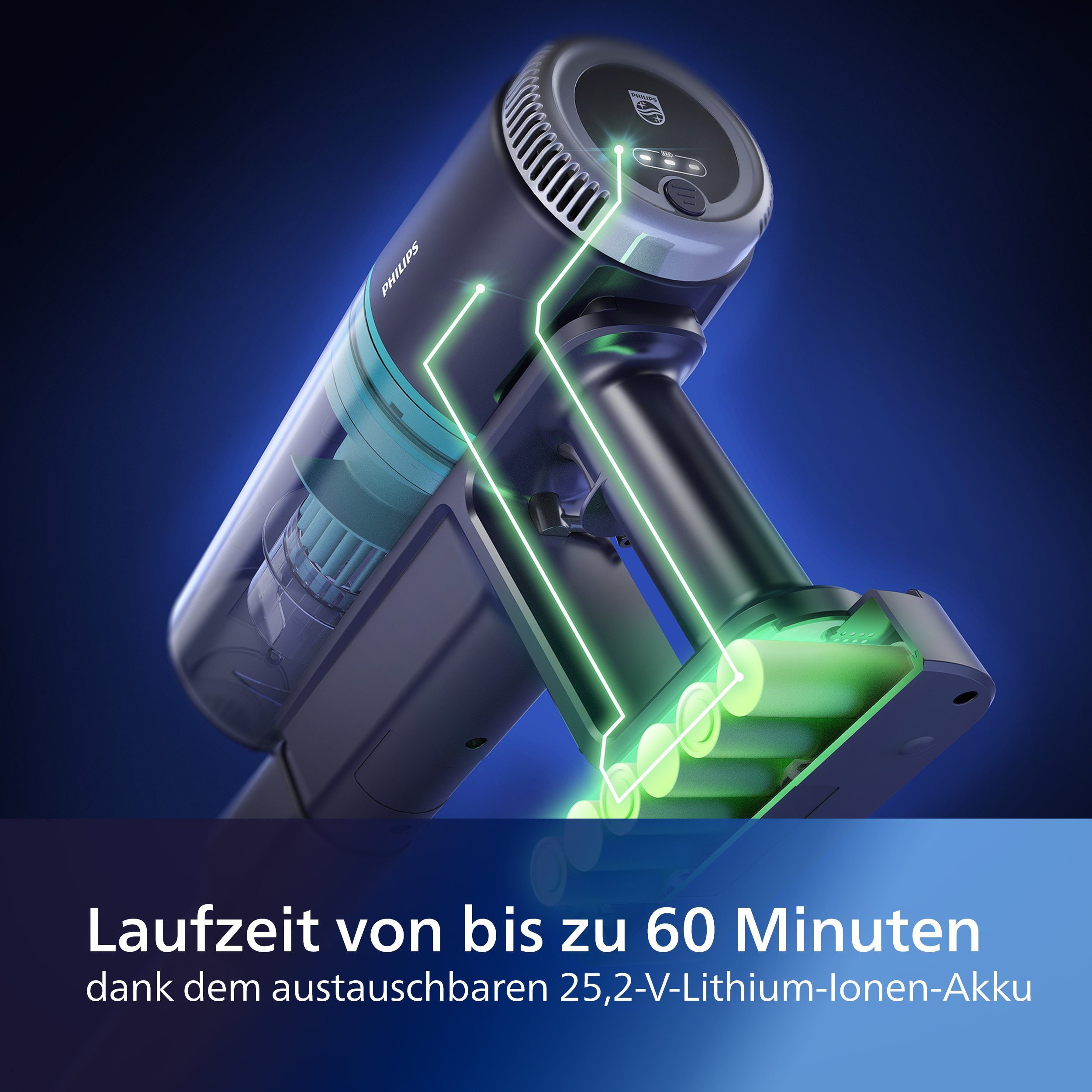 Laufzeit W, digitalem Motor, Akku-Hand-und Series, LED-Düse Philips mit und bis 3000 XC3031/01 60 Stielstaubsauger zu beutellos, Minuten 50,4