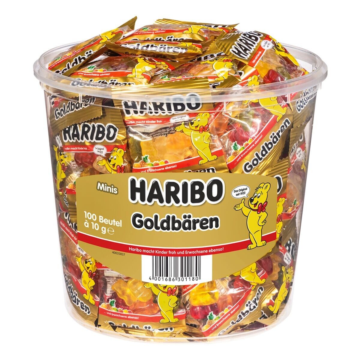 HARIBO Süßigkeit Goldbären Minis, Dose mit 100 Portionsbeuteln