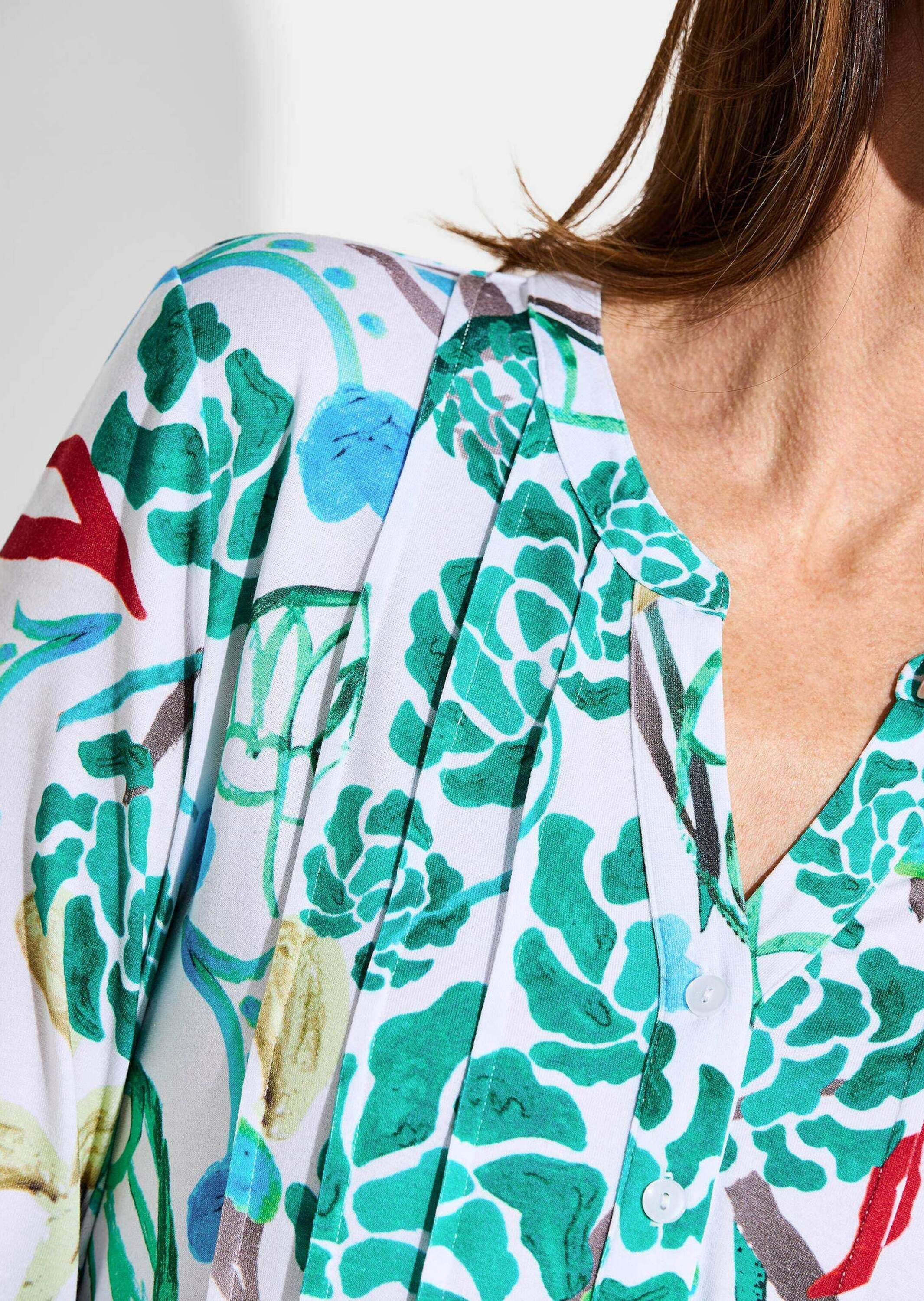 GOLDNER Tunika Kurzgröße: Halbarm Tunika mit Allover-Print Bluse mit frischen Farben, Rundhals, Knopfleiste, 3/4-Arm