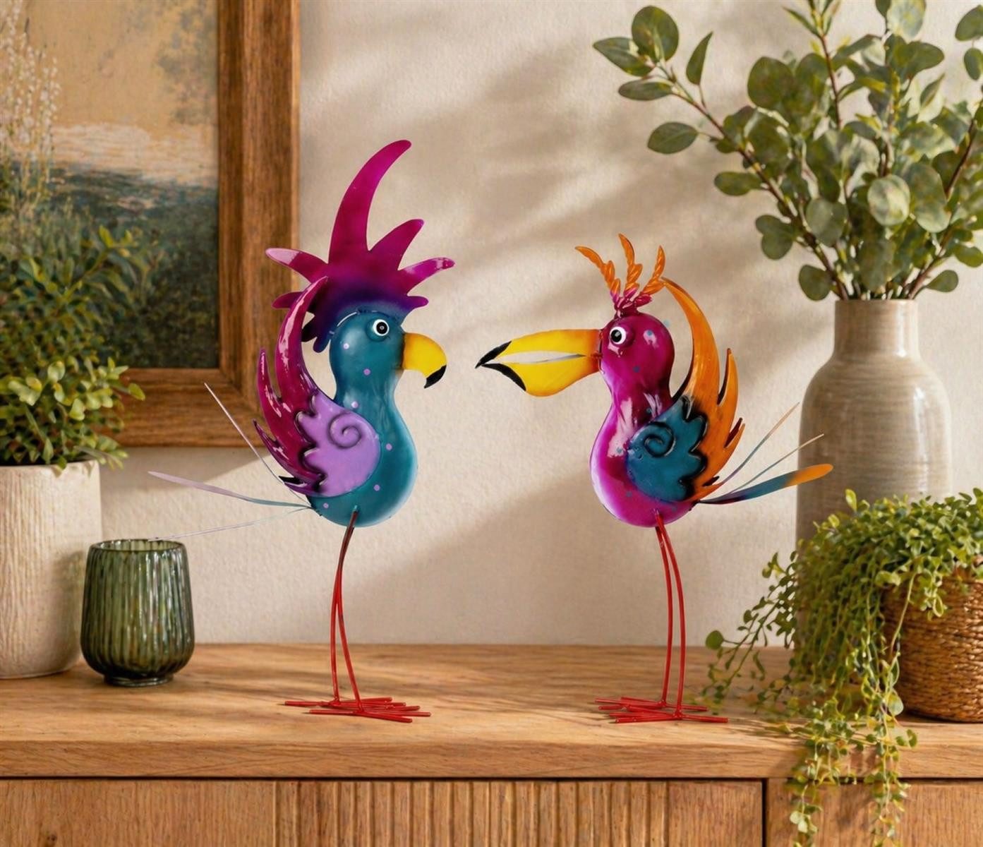 Geschenkestadl Tierfigur Bunte Metall Vögel 2er Set – freche Dekofiguren 41/47 cm (Spar-Set, 2 St., 2 lustige Vögel), bunte knallige schräge Vögel – Bild 4 von 5