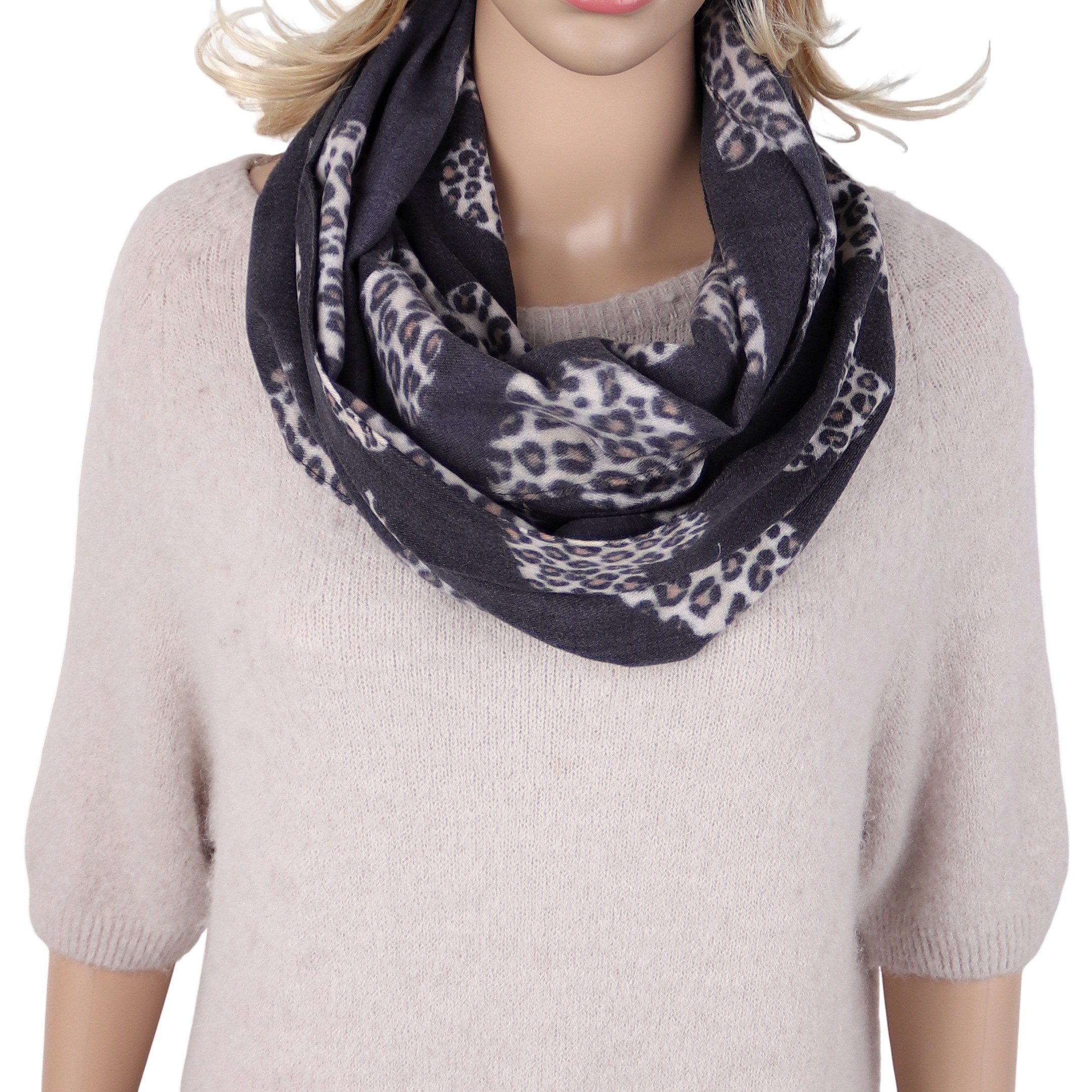 MIRROSI Loop Damen Loopschal, etwas dickerer Stoff, Leo Herz Muster, (ca.160x40cm, zweimal um den Hals wickelbar, Neue Kollektion Herbst/Winter 2026), superweicher Winterschal, dicker Schlauchschal