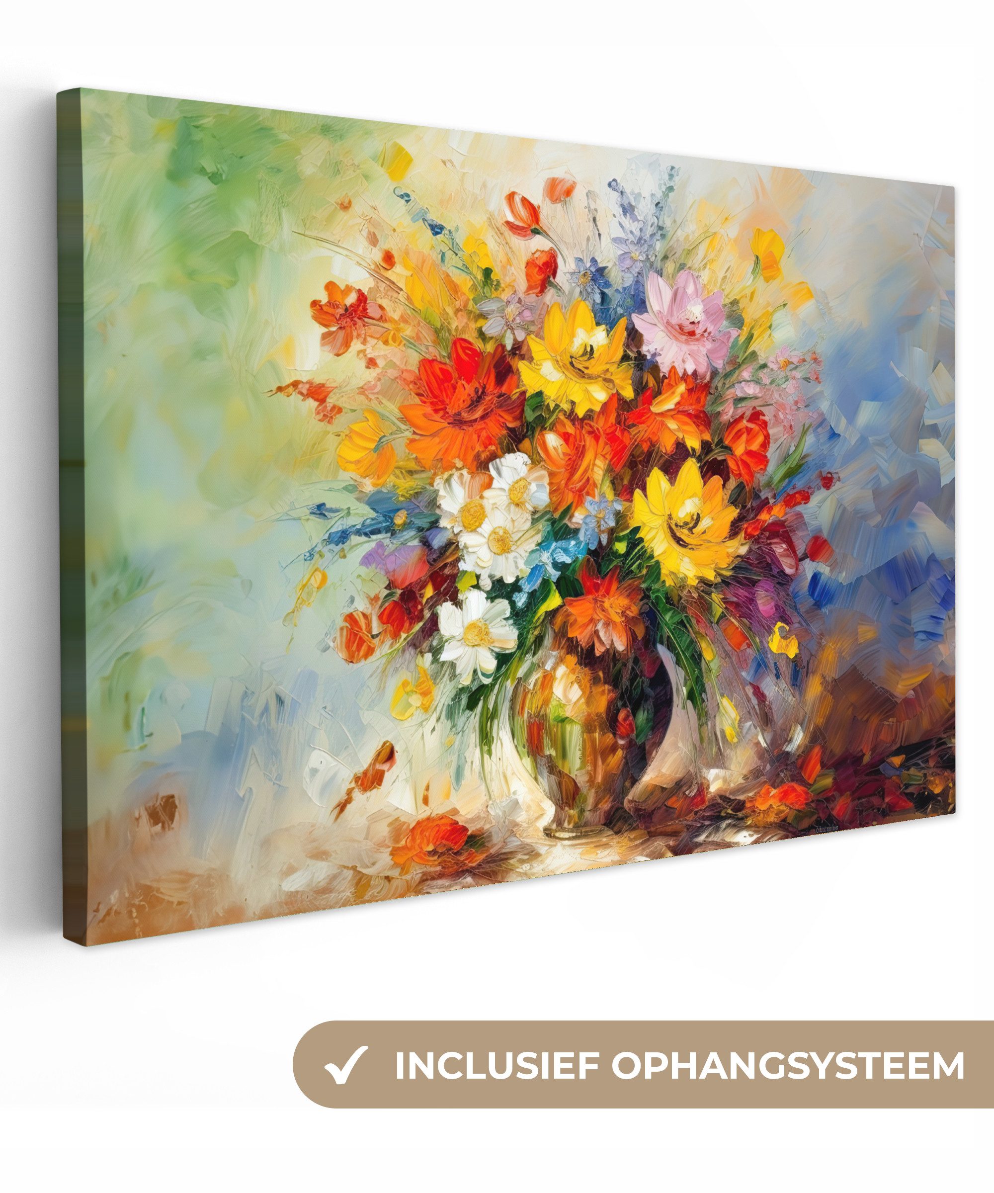 OneMillionCanvasses® Leinwandbild Blumen - Bunt - Ölfarbe - Blumentopf, Fotodruck (1 St), Leinwand Bilder Klein, Wand Dekoration Aesthetic 30x20 cm