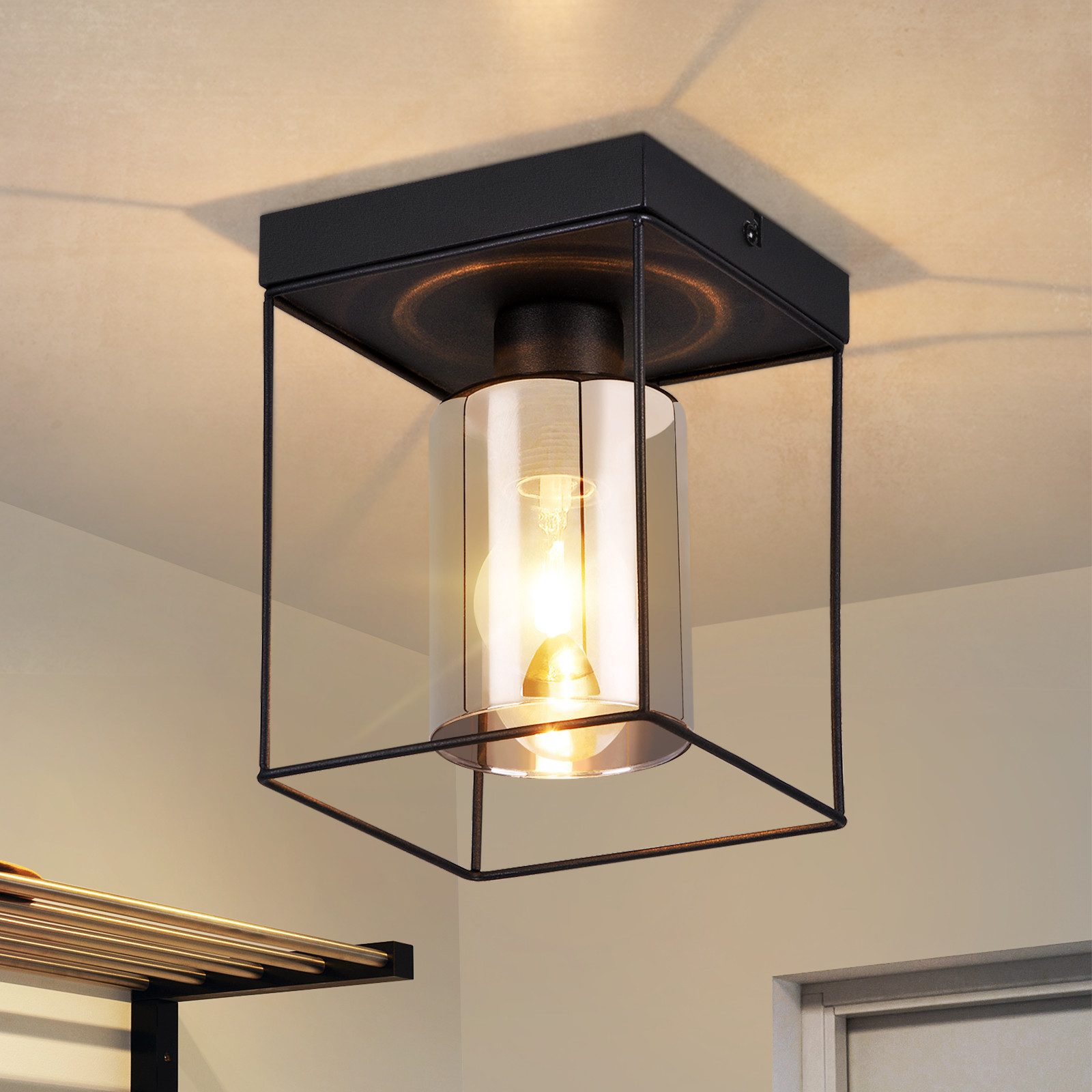 Nettlife Deckenleuchte 1/4 Flammig E27 Glas Vintage Flurlampe Schwarz Metall Industrial, ohne Leuchtmittel, Retro Schlafzimmerlampe für Küche Schlafzimmer Büro, Deckenlampe