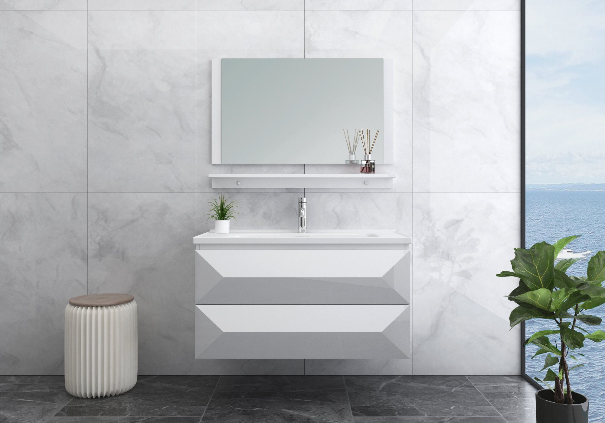 Faizee Möbel Badmöbel-Set Badmöbel Set vormontiert "Miran" Weiß/Schwarz Keramik Hochglanz 90 cm, (4-St)