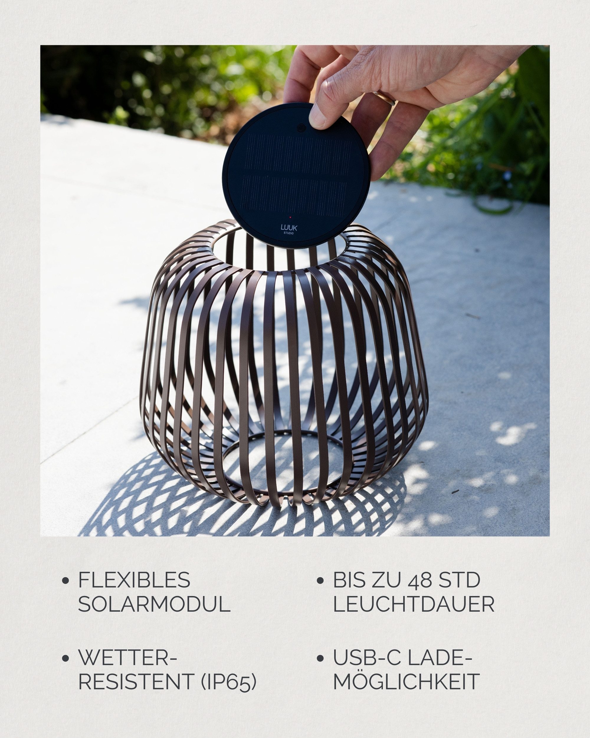 LUUK Studio LED Solarleuchte SOLIS, LED fest integriert, warmweißes Licht (2700 K), Tageslichtweiß, Kabellose LED Laterne mit herausnehmbaren Solarmodul