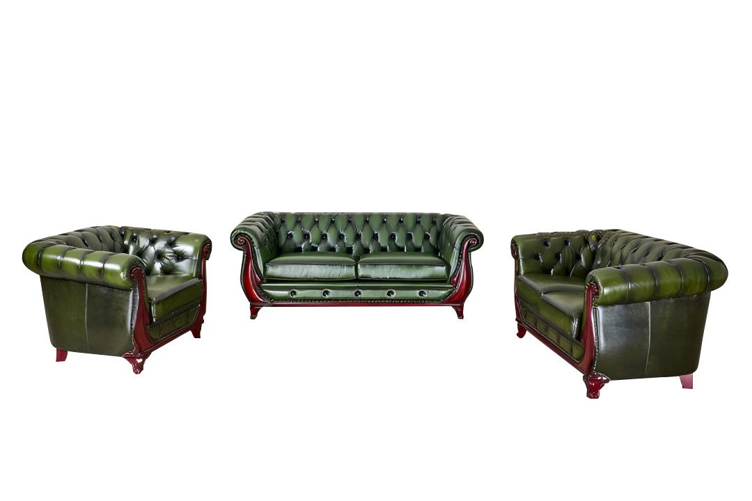 Salottini Polstergarnitur Chesterfield Manchester Sofagarnitur 3/2/1 Grün Ledergarnitur, (3-tlg)