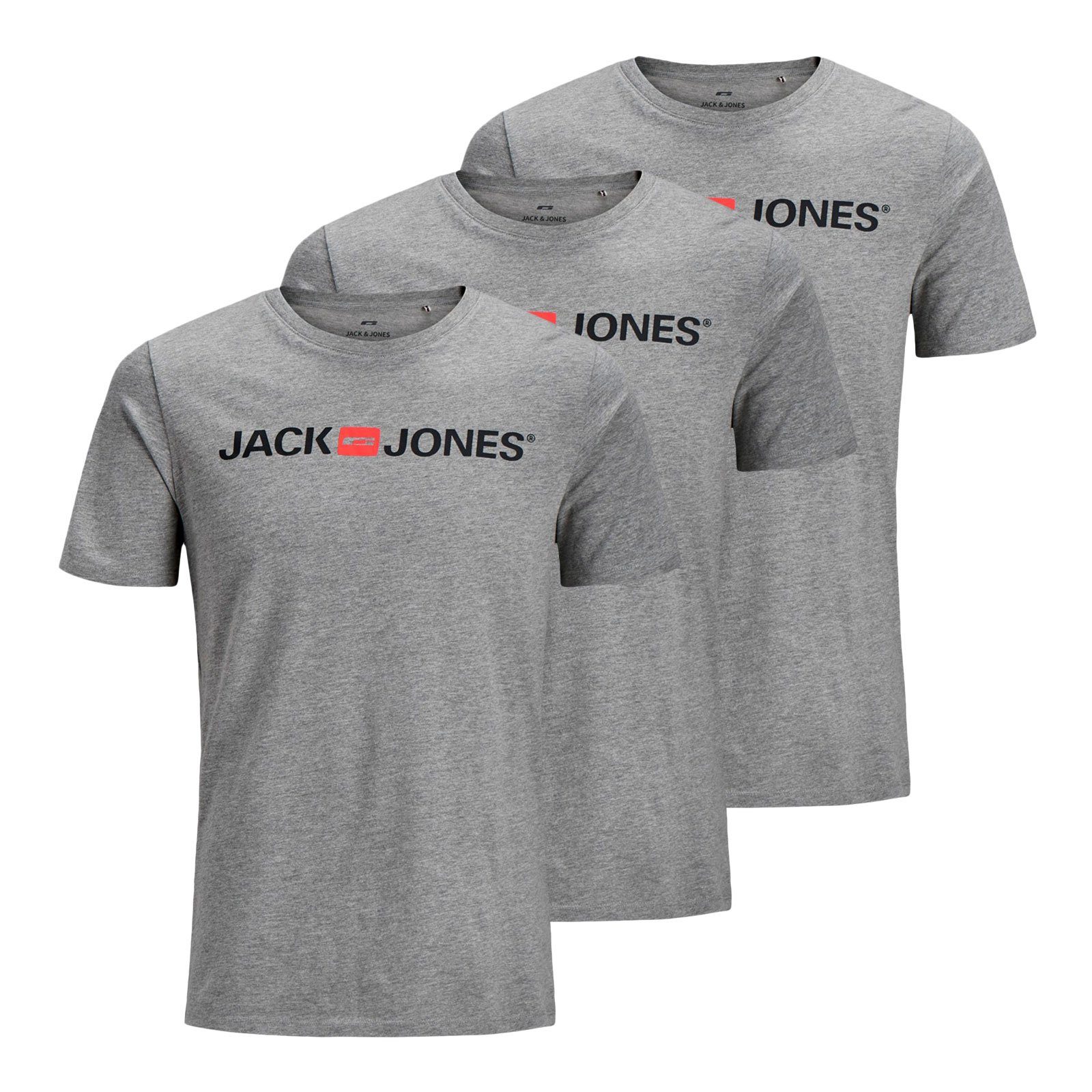 Jack & Jones T-Shirt 3er Pack Logo Tee Crew Neck mit Markenschriftzug light grey mel. / light grey mel. / light grey mel.