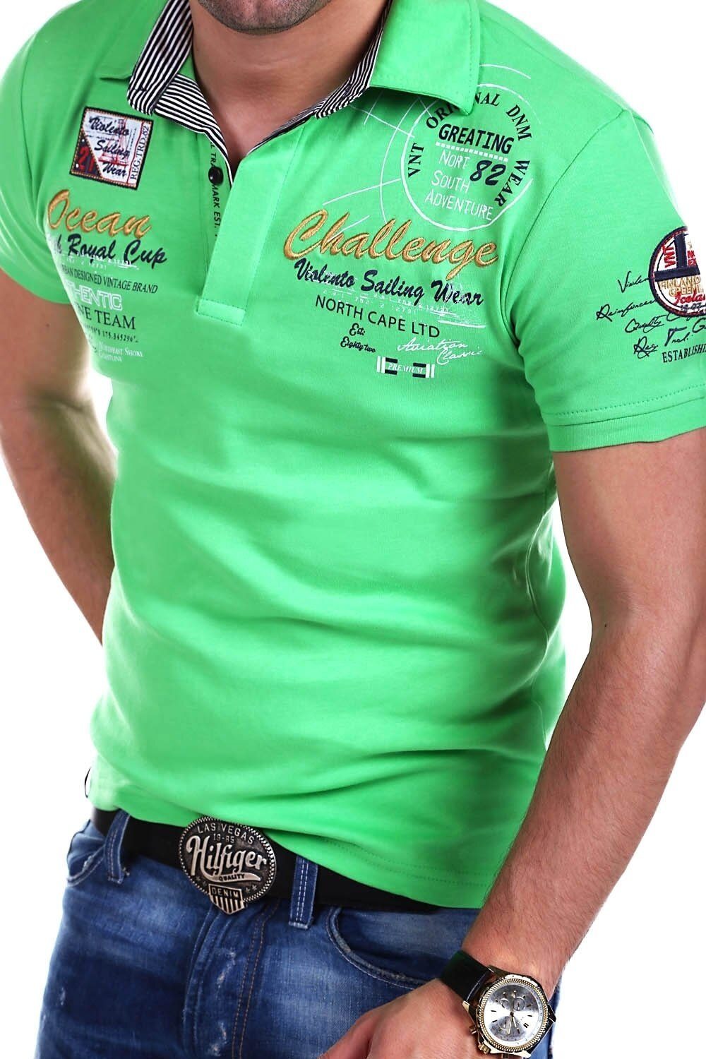 behype Poloshirt CHALLENGE grün sportiven Stickerei mit Prints &